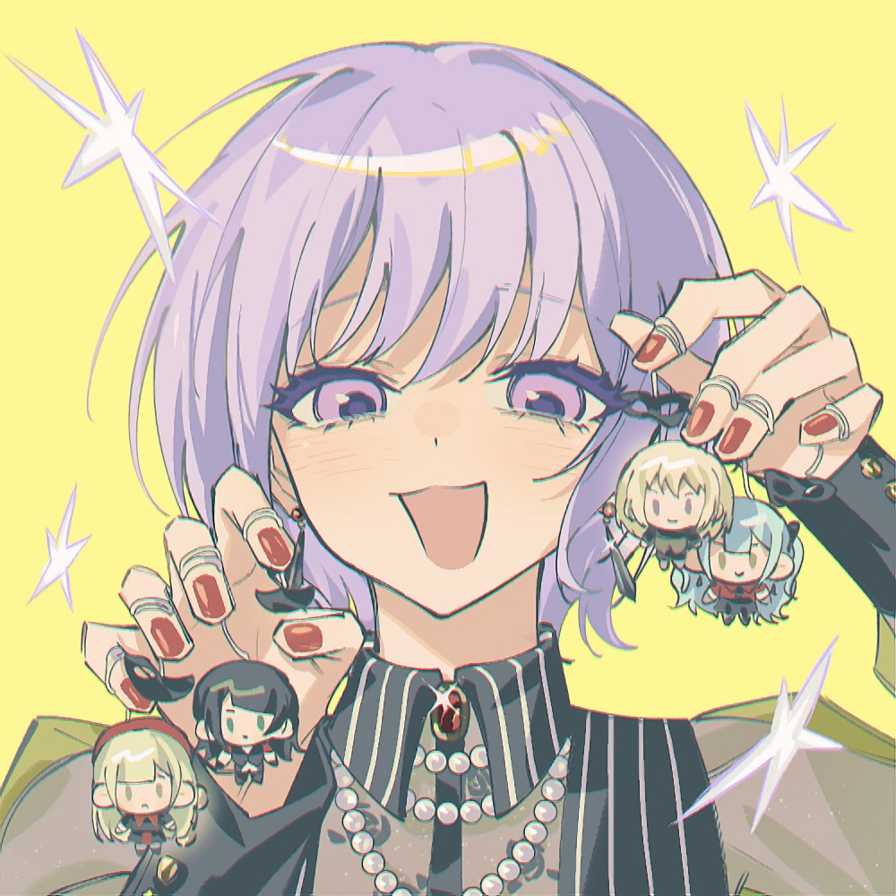 1girl :3 :d amoris_(bang_dream!) ave_mujica_(bang_dream!) bang_dream! bang_dream!_it&#039;s_mygo!!!!! bead_necklace beads charm_(object) chinese_commentary commentary_request doloris_(bang_dream!) hands_up holding holding_charm jewelry long_sleeves looking_at_viewer misumi_uika mortis_(bang_dream!) mortis_(costume)_(bang_dream!) nail_polish necklace oblivionis_(bang_dream!) open_mouth purple_eyes purple_hair red_nails short_hair smile solo sparkle star_(symbol) timoris_(bang_dream!) togawa_sakiko upper_body wakaba_mutsumi y1n yahata_umiri yellow_background yuutenji_nyamu