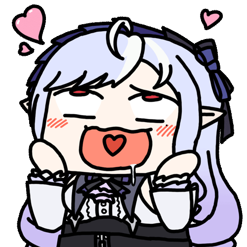 1girl ahoge animated animated_gif black_bow black_bowtie blue_hair blush bow bowtie chibi drooling heart heart_in_mouth long_hair long_sleeves looking_up lowres pointy_ears red_eyes seseren shirt sidelocks simple_background solo transparent_background vivian_(zenless_zone_zero) white_shirt zenless_zone_zero