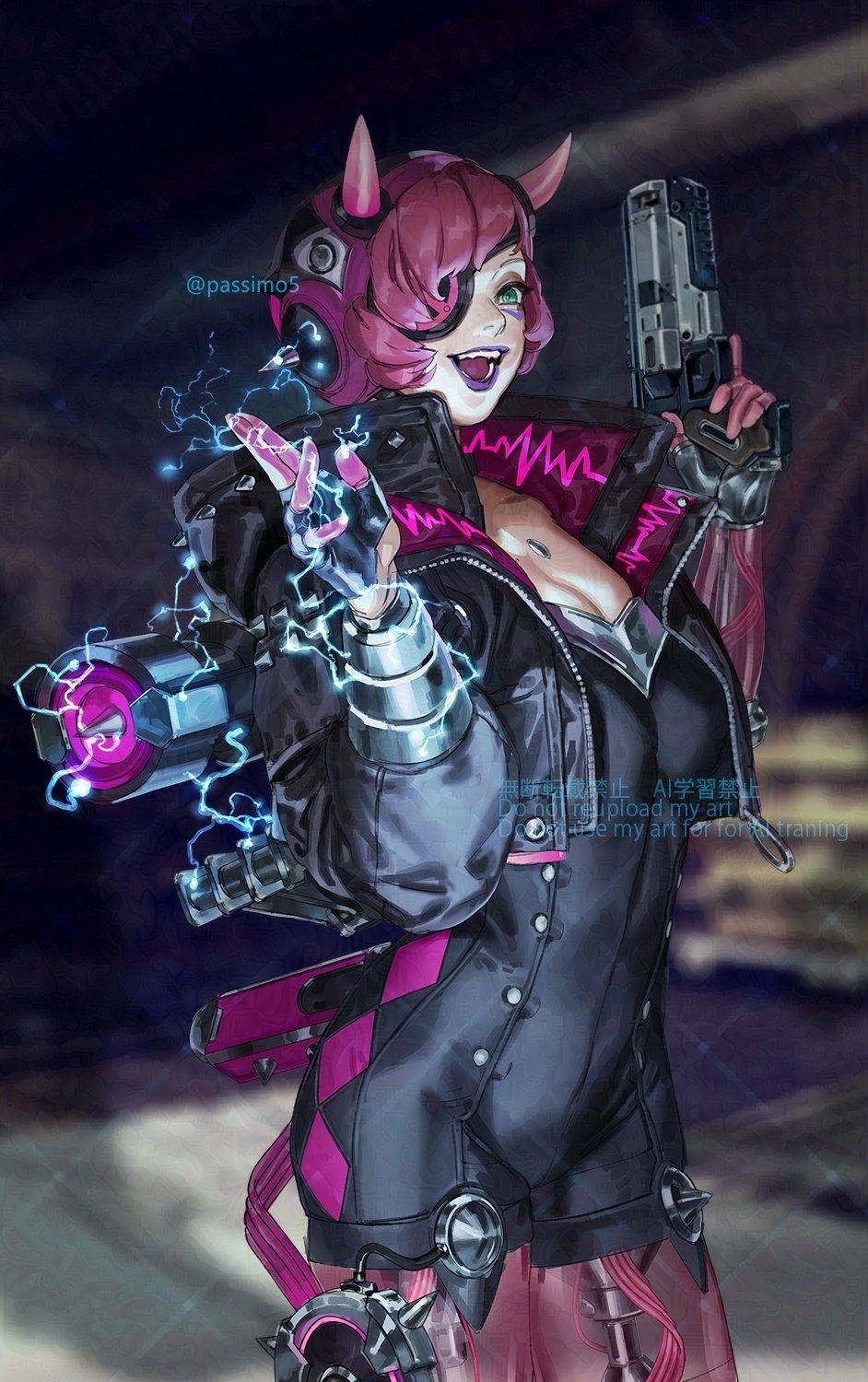 1girl apex_legends artist_name black_bodysuit black_gloves black_jacket blue_eyes blurry blurry_background bodysuit breasts cable cleavage collarbone cyber_punked_wattson electricity eyepatch fingerless_gloves gloves gun handgun hat highres holding holding_gun holding_weapon horns jacket looking_at_viewer mechanical_legs official_alternate_costume one_eye_covered open_mouth passimo pink_hair pink_hat purple_lips revolver short_hair small_breasts smile solo twitter_username wattson_(apex_legends) weapon