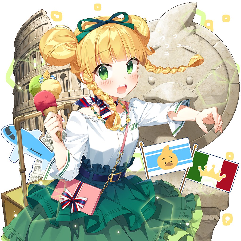 1girl bag blonde_hair braid choker colosseum double_bun flag food frilled_skirt frills green_eyes green_skirt hair_bun holding holding_food holding_ice_cream ice_cream ribbon_choker salt_(salty) sapphire_emerald shirt shoulder_bag skirt twin_braids twintails uchi_no_hime-sama_ga_ichiban_kawaii white_shirt