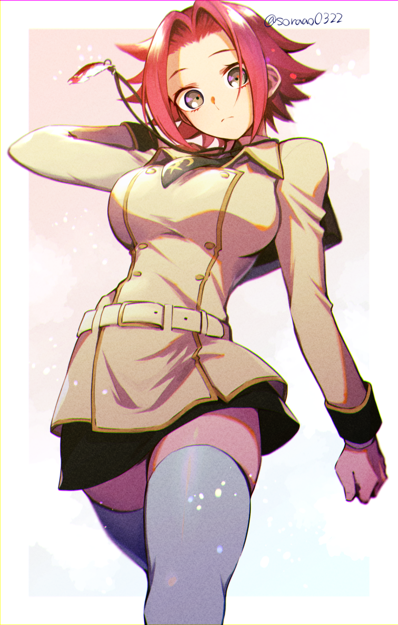 1girl arm_at_side ashford_academy_school_uniform black_necktie black_skirt border breasts closed_mouth code_geass commentary_request eyelashes feet_out_of_frame forehead from_below frown grey_eyes hand_up highres jacket kouzuki_kallen large_breasts light_particles looking_at_viewer medium_hair miniskirt necktie parted_bangs pink_background red_hair school_uniform simple_background skirt solo soraao0322 spiked_hair split_mouth standing thighhighs white_border white_thighhighs wide-eyed yellow_jacket zettai_ryouiki