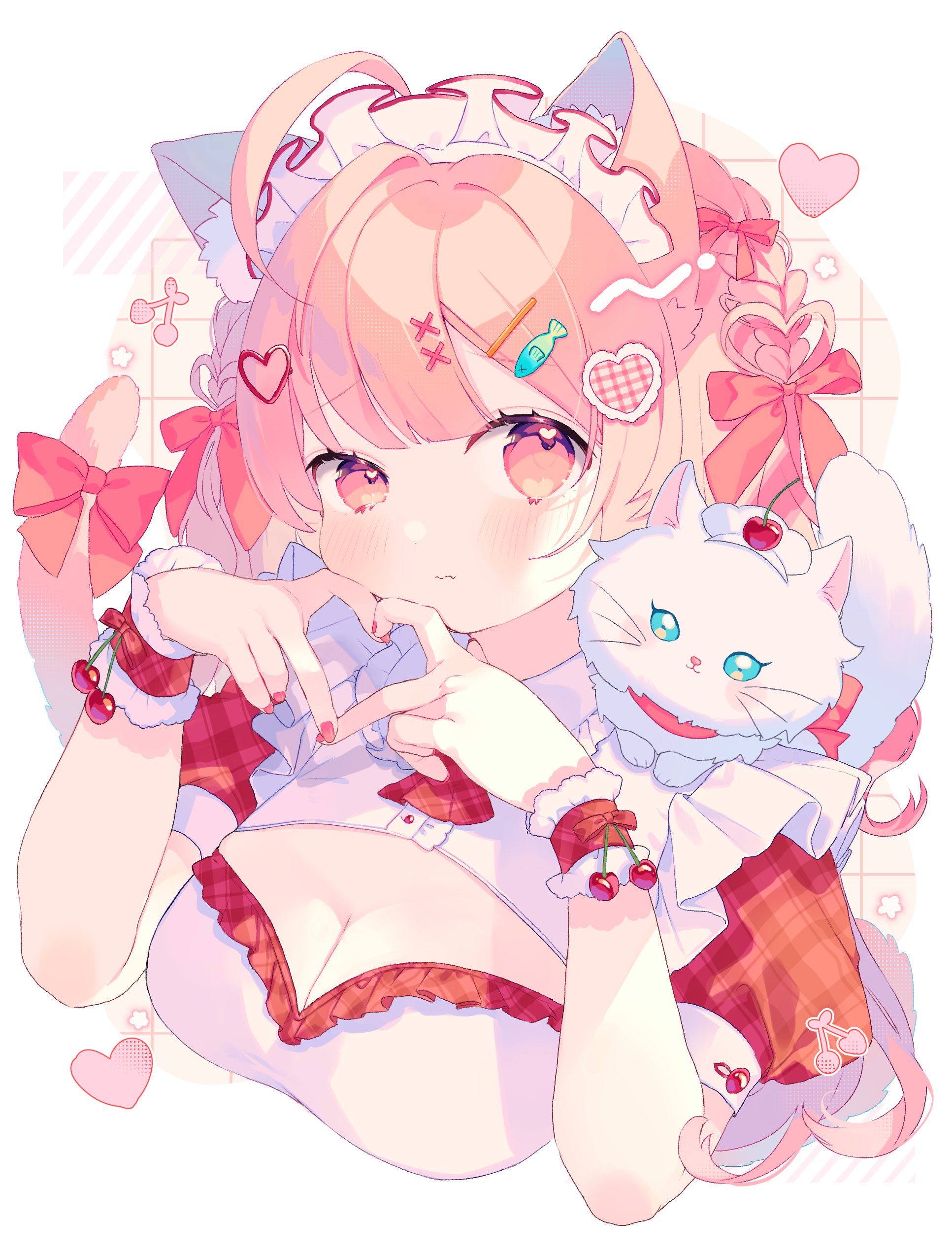1girl absurdres ahoge animal animal_ear_fluff animal_ears animal_on_shoulder blush bow braid breasts cat cat_ears cat_girl cat_tail cleavage cleavage_cutout closed_mouth clothing_cutout cropped_torso dress food-themed_hair_ornament frills hair_bow hair_ornament hairclip hands_on_own_face hands_up heart heart_hair_ornament heart_hands highres komomo_(2899) long_hair looking_at_viewer maid_headdress medium_breasts nail_polish original pink_hair plaid puffy_short_sleeves puffy_sleeves red_bow red_nails short_sleeves solo tail tail_bow tail_ornament tail_raised upper_body wrist_cuffs