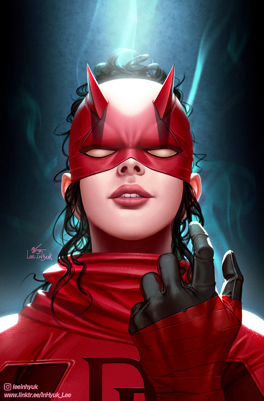 1girl artist_name black_hair bodysuit daredevil elektra elektra_natchios highres horned_mask in-hyuk_lee instagram_logo instagram_username marvel mask portrait red_bodysuit red_mask signature solo watermark web_address