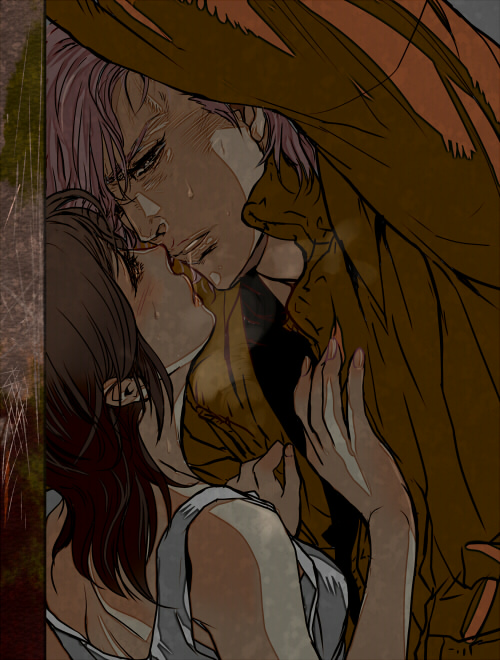 1boy 1girl bat_(hokuto_no_ken) breasts brown_hair couple hokuto_no_ken jobo_(isi88) lin_(hokuto_no_ken) saliva short_hair