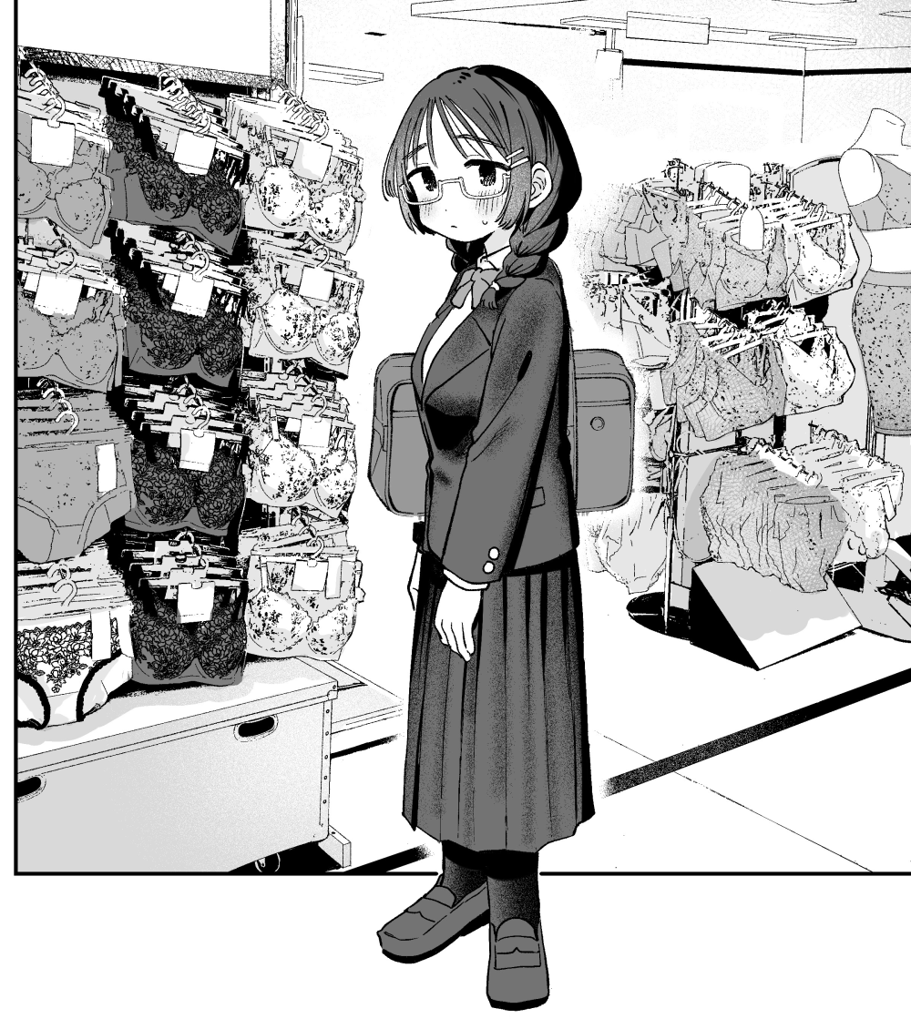 1girl bag blush braid breasts glasses greyscale hair_ornament hairclip jacket jimiko long_sleeves looking_at_viewer miyama_(kannsannn) monochrome original pleated_skirt school_uniform shoes skirt solo standing twin_braids