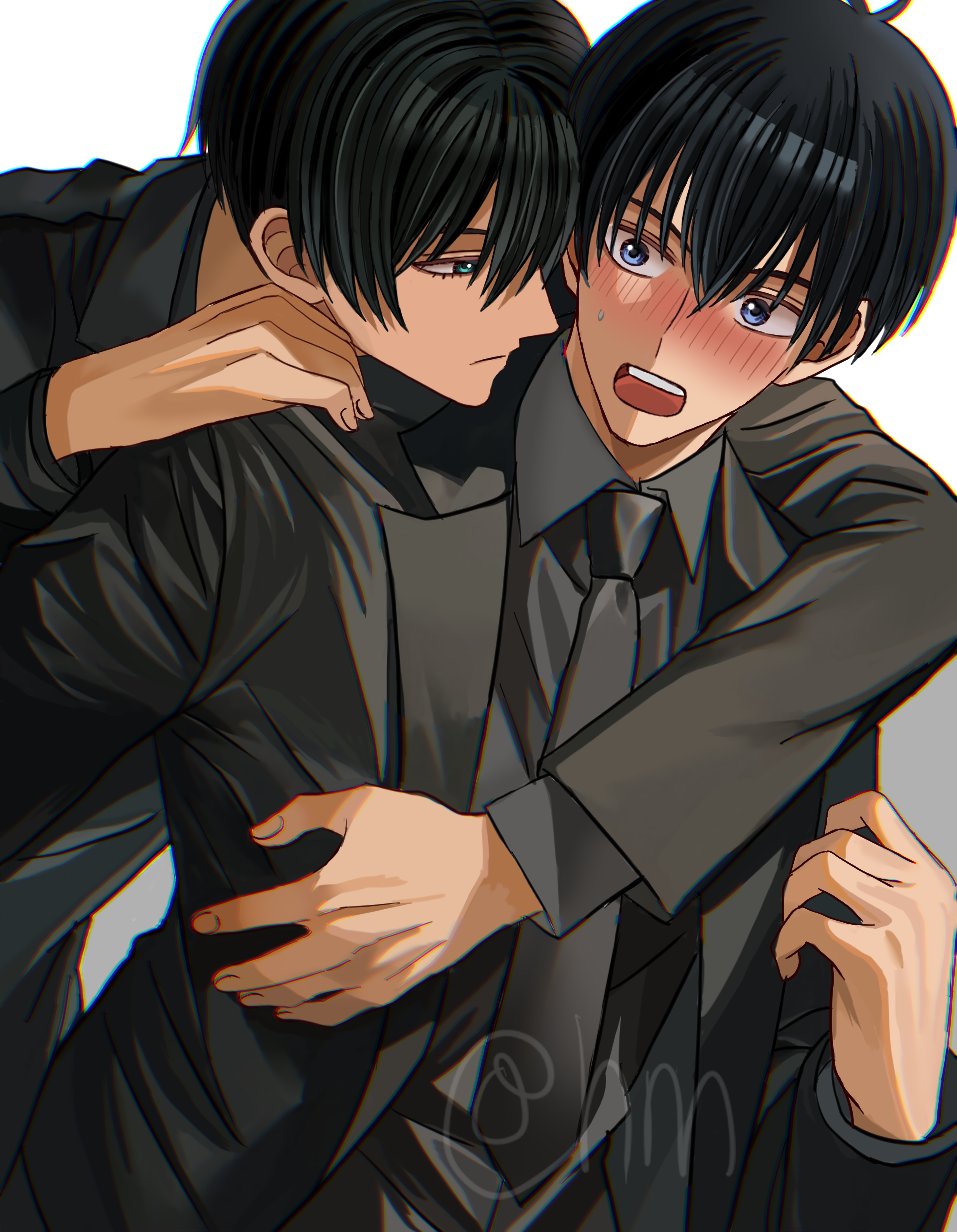 2boys aqua_eyes black_hair black_jacket black_necktie black_shirt black_suit blue_eyes blue_lock blush closed_mouth formal_clothes hair_between_eyes highres hyohls2_(hamao3o) isagi_yoichi itoshi_rin jacket long_sleeves male_focus multiple_boys necktie open_mouth shirt short_hair suit white_background yaoi
