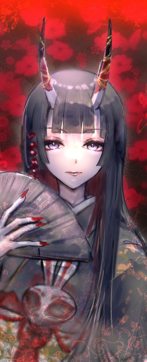 1girl alternate_costume alternate_hair_color alternate_species black_hair blunt_bangs closed_mouth commentary_request ekakinosemito expressionless eyelashes fingernails floral_background grey_kimono hair_over_shoulder hand_fan hand_up highres hime_cut holding holding_fan horns japanese_clothes kimono lips long_fingernails looking_at_viewer mask multicolored_hair nail_polish nijisanji obi oni purple_eyes rabbit_mask red_background red_hair red_nails sash skin-covered_horns solo straight-on tsukino_mito two-tone_hair unworn_mask upper_body virtual_youtuber yellow_sash
