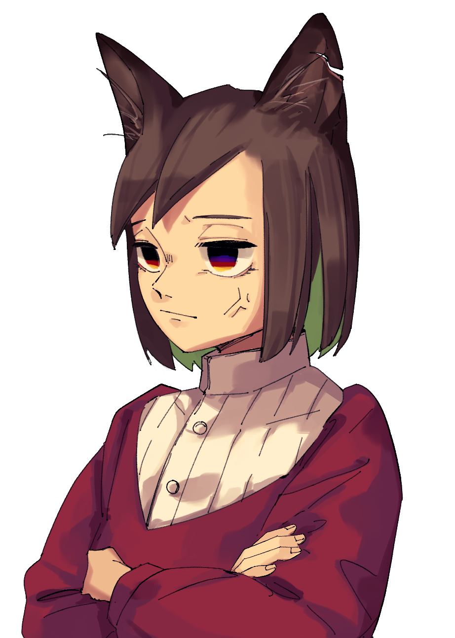 1boy anger_vein animal_ear_fluff animal_ears annoyed brown_hair buttons collared_shirt colored_inner_hair colored_pencils_(paper_mario) crossed_arms dog_ears dress_shirt eyelashes fingernails frown furrowed_brow green_hair high_collar highres kemonomimi_mode long_sleeves male_focus mario_(series) multicolored_eyes multicolored_hair mumumu57hiro nintendo notched_ear paper_mario paper_mario:_the_origami_king personification puffy_long_sleeves puffy_sleeves red_tunic shirt short_hair simple_background solo tunic upper_body white_background white_shirt