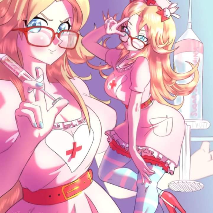 artist_request blonde_hair blue_background blue_eyes blue_nails flirty_nurse formal_clothes hat indie_virtual_youtuber long_hair long_skirt long_sleeves long_stockings nurse_cap nurse_cosplay nurse_costume pink_nurse pink_suit red_glasses red_heels sexy_nurse short_sleeves skirt sugar_sero sugar_vtuber suit syringe_happy vtuber_cosplay