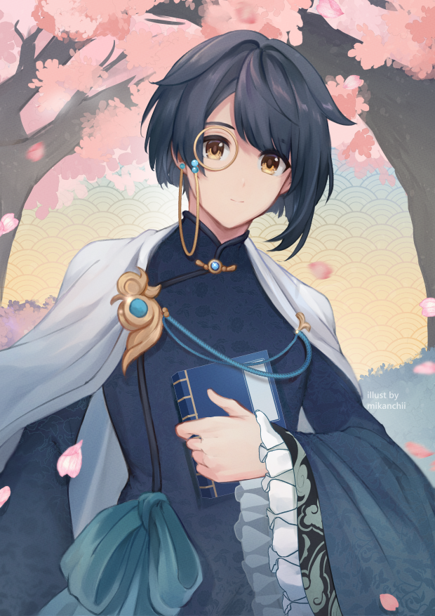 1boy artist_name asymmetrical_bangs blue_hair blue_ribbon book bush changpao cherry_blossoms chinese_clothes closed_mouth commentary falling_petals frilled_sleeves frills genshin_impact holding holding_book long_sleeves looking_at_viewer male_focus mandarin_collar mikanchii monocle parted_bangs petals ribbon seigaiha short_hair smile solo split_mouth symbol-only_commentary tree wide_sleeves xingqiu_(aoi_no_okina)_(genshin_impact) xingqiu_(genshin_impact) yellow_eyes