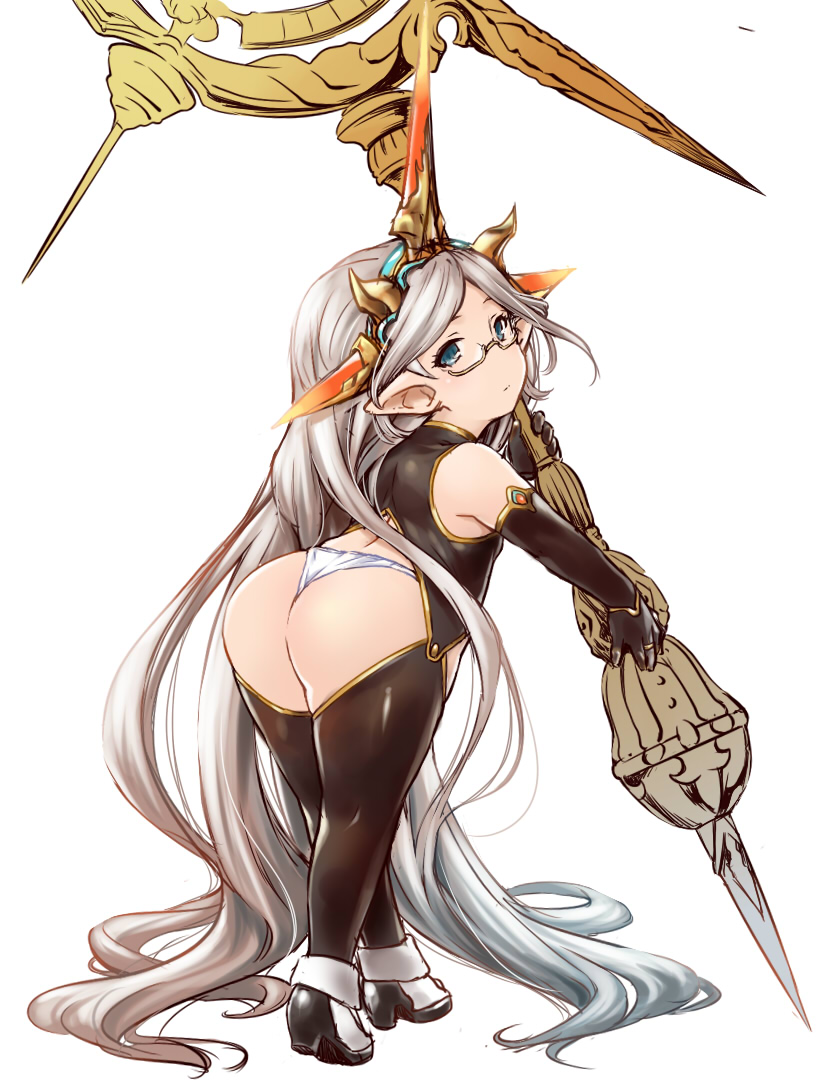 10s 1girl absurdly_long_hair ass black_gloves black_thighhighs blush elbow_gloves female_focus from_behind glasses gloves granblue_fantasy green_eyes hairband harvin long_hair looking_at_viewer looking_back panties pointy_ears semi-rimless_eyewear solo staff thighhighs underwear very_long_hair white_hair zahlhamelina zanzi