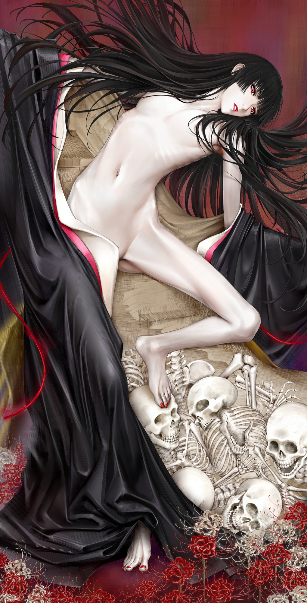 1girl black_hair black_kimono breasts convenient_censoring de_mo_ne emaciated enma_ai flower hair_spread_out highres hime_cut japanese_clothes jigoku_shoujo kimono lipstick long_hair looking_at_viewer makeup medium_breasts nail_polish navel nude open_clothes parted_lips red_hair red_nails ribs skeleton solo spider_lily stomach toenail_polish toenails