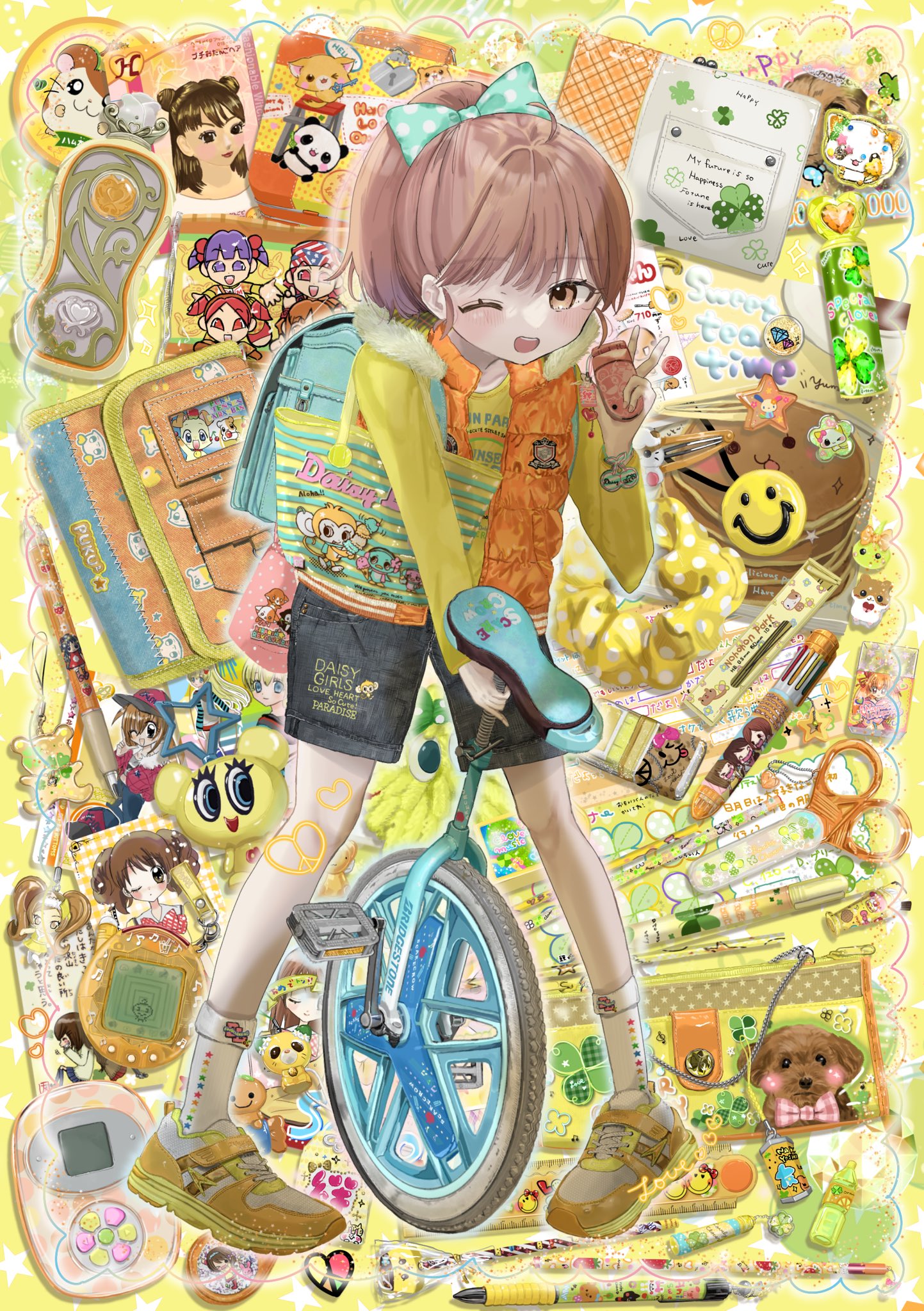 1girl absurdly_detailed_composition angel_blue bag bow brown_eyes brown_hair cameo cat cellphone cellphone_charm character_charm character_request charm_(object) child clover commentary_request copyright_request corocorokuririn cosmetics daisy_lovers denim denim_shorts dia_(shugo_chara!) dog eraser figure flip_phone food four-leaf_clover gem green_bow hair_bow hair_ornament hairclip hamster hamtaro hamtaro_(series) hana-chan_(angel_blue) heart heisei heisei_retro highres holding holding_phone jacket kirarin_revolution koisuru_purin! lip_balm long_hair mamotte!_lollipop merchandise multicolor_pen na-san ochaken one_eye_closed original pancake pancake_stack peace_symbol pen pencil pencil_case phone ponytail pudding pukupuku_(pukupuku_tennen_kairaiban) pukupuku_tennen_kairanban q-lia ruler safety_scissors san-x sanrio scissors scrunchie shaped_eraser shinanashina shoes short_hair shorts shugo_chara! smiley_face sneakers socks solo standing star_(symbol) stationery tamagotchi tamagotchi_(virtual_pet) tamagotchi_plus toy tsukishima_kirari unicycle usahana virtual_pet_(toy) wan_wan_wanco yamada_(pukupuku_tennen_kairanban) yellow_shoes yellow_theme