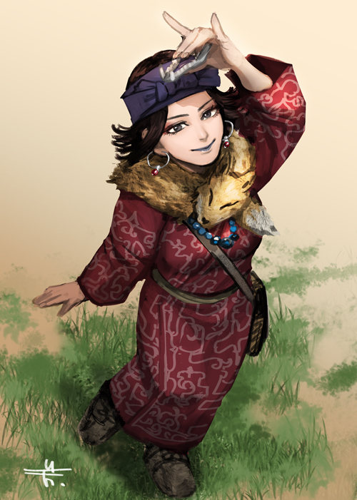 1girl ainu_clothes arm_up black_eyes black_hair blue_lips closed_mouth from_above full_body golden_kamuy grass headband holding inkarmat long_sleeves mitsuya purple_headband scarf short_hair smile solo
