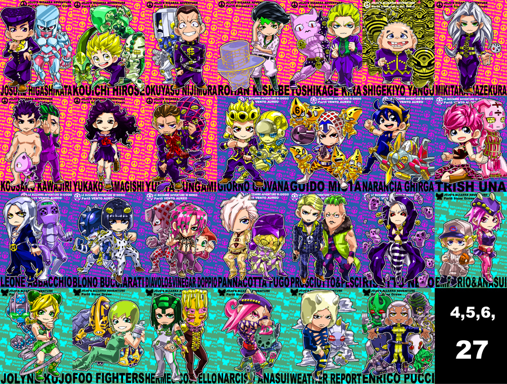 5girls 6+boys aerosmith_(stand) aircraft airplane anasui another_one_bites_the_dust_(stand) bare_shoulders black_eyes black_hair blonde_hair blue_eyes bruno_bucciarati c-moon_(stand) chibi collage crazy_diamond dark-skinned_male dark_skin diamond_wa_kudakenai diavolo diver_down_(stand) double_bun echoes_(stand) echoes_act1 echoes_act2 echoes_act3 emporio_alnino enrico_pucci ermes_costello foo_fighters_(jojo) foo_fighters_(stand) fugo_pannacotta fungami_yuya gakuran gender_request genderswap giorno_giovanna gold_experience green_baby_(jojo) green_child green_hair grin guido_mista hair_bun hair_ornament hairclip harvest_(stand) hazekura_mikitaka headband heaven&#039;s_door higashikata_josuke highway_star_(stand) hirose_koichi jojo_no_kimyou_na_bouken kan_(tachi) kawajiri_kosaku killer_queen king_crimson_(stand) kira_yoshikage kishibe_rohan kiss_(stand) kuujou_jolyne leone_abbacchio long_hair looking_at_viewer made_in_heaven_(stand) male_focus metallica_(stand) moody_blues_(stand) multicolored_hair multiple_boys multiple_girls multiple_persona narancia_ghirga narciso_anasui nijimura_okuyasu pannacotta_fugo pesci pink_hair pompadour prosciutto purple_haze_(stand) risotto_nero school_uniform sex_pistols_(stand) smile spice_girl_(stand) stairway_to_heaven_(stand) stand_(jojo) sticky_fingers_(stand) stone_free stone_ocean the_hand_(stand) trish_una two-tone_hair vento_aureo vinegar_doppio weather_report weather_report_(stand) white_snake_(stand) whitesnake_(stand) yamagishi_yukako yangu_shigekiyo