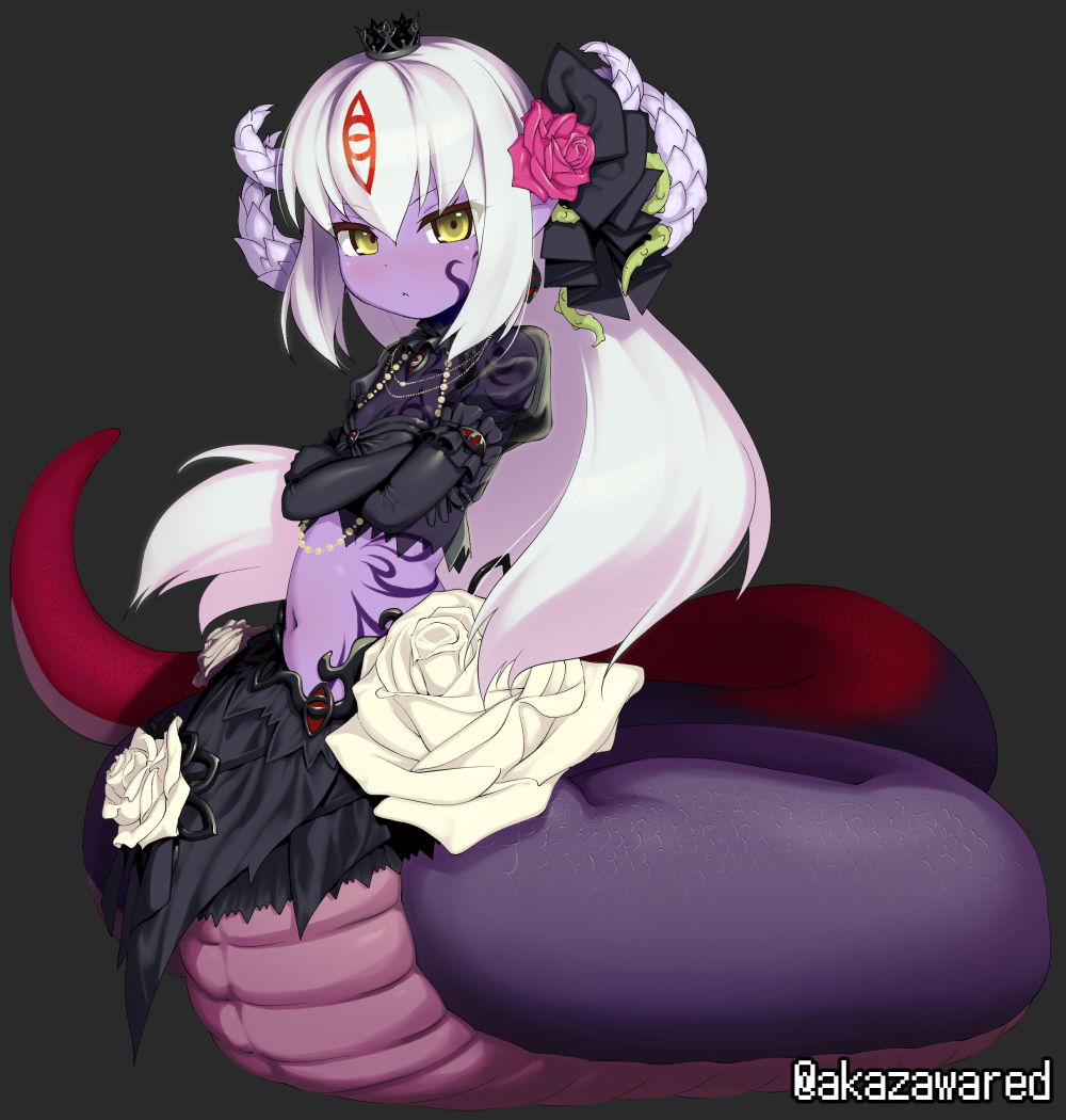 1girl aged_down akazawa_red alipheese_fateburn_i black_gloves blush colored_skin crossed_arms elbow_gloves eye_tattoo facial_tattoo flower gloves hair_flower hair_ornament hair_tattoo horns lamia long_hair mon-musu_quest! mon-musu_quest:_paradox monster_girl navel profile purple_skin scales stomach_tattoo tattoo white_hair yellow_eyes