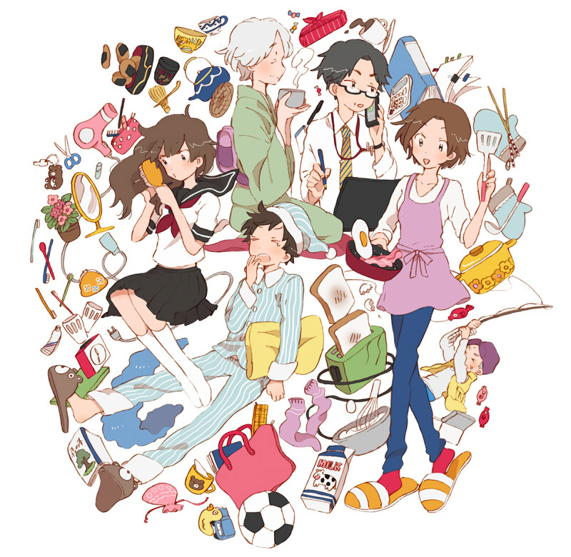 &gt;_&lt; 3boys 3girls ahoge animal_print animal_slippers apron bacon bag ball bear_slippers black-framed_eyewear black_hair black_sailor_collar black_serafuku black_skirt blue_headwear blue_pajamas blue_pants blue_shirt bow bread bread_slice brown_footwear brown_hair brushing_hair brushing_own_hair buttons newsboy_cap cellphone character_request closed_eyes closed_mouth collar collarbone collared_shirt copyright_request cow_print cup cushion eggshell everyone fish fishing_rod food food_in_mouth fried_egg from_side frying_pan full_body glasses green_kimono h_kawa hair_dryer hand_in_own_hair hand_to_own_mouth handbag hat holding holding_brush holding_cup holding_fishing_rod holding_frying_pan holding_pen holding_phone holding_pillow holding_spatula japanese_clothes kimono kneehighs long_hair long_sleeves looking_at_food midriff_peek milk_carton miniskirt mouth_hold mug multiple_boys multiple_girls neckerchief necktie nightcap no_shoes o3o open_mouth orange_slippers pajamas pants pen phone pillow pink_apron pink_bag pink_bow pleated_skirt pocket pom_pom_(clothes) purple_headwear purple_socks red_neckerchief red_socks sailor_collar sailor_shirt school_uniform scissors seiza serafuku shirt short_hair short_sleeves sitting skirt slippers smartphone smile soccer_ball socks spatula steam striped_clothes striped_footwear striped_headwear striped_necktie striped_pajamas striped_pants striped_shirt sweatdrop sweatpants tablet_pc talking teacup tearing_up teeth toast toast_in_mouth toaster two-tone_footwear unworn_socks upper_teeth_only v-neck vertical-striped_clothes vertical-striped_headwear vertical-striped_pajamas vertical-striped_pants vertical-striped_shirt vest waist_bow white_background white_collar white_eyes white_footwear white_hair white_shirt white_socks wide_sleeves yawning yellow_necktie yellow_vest zabuton