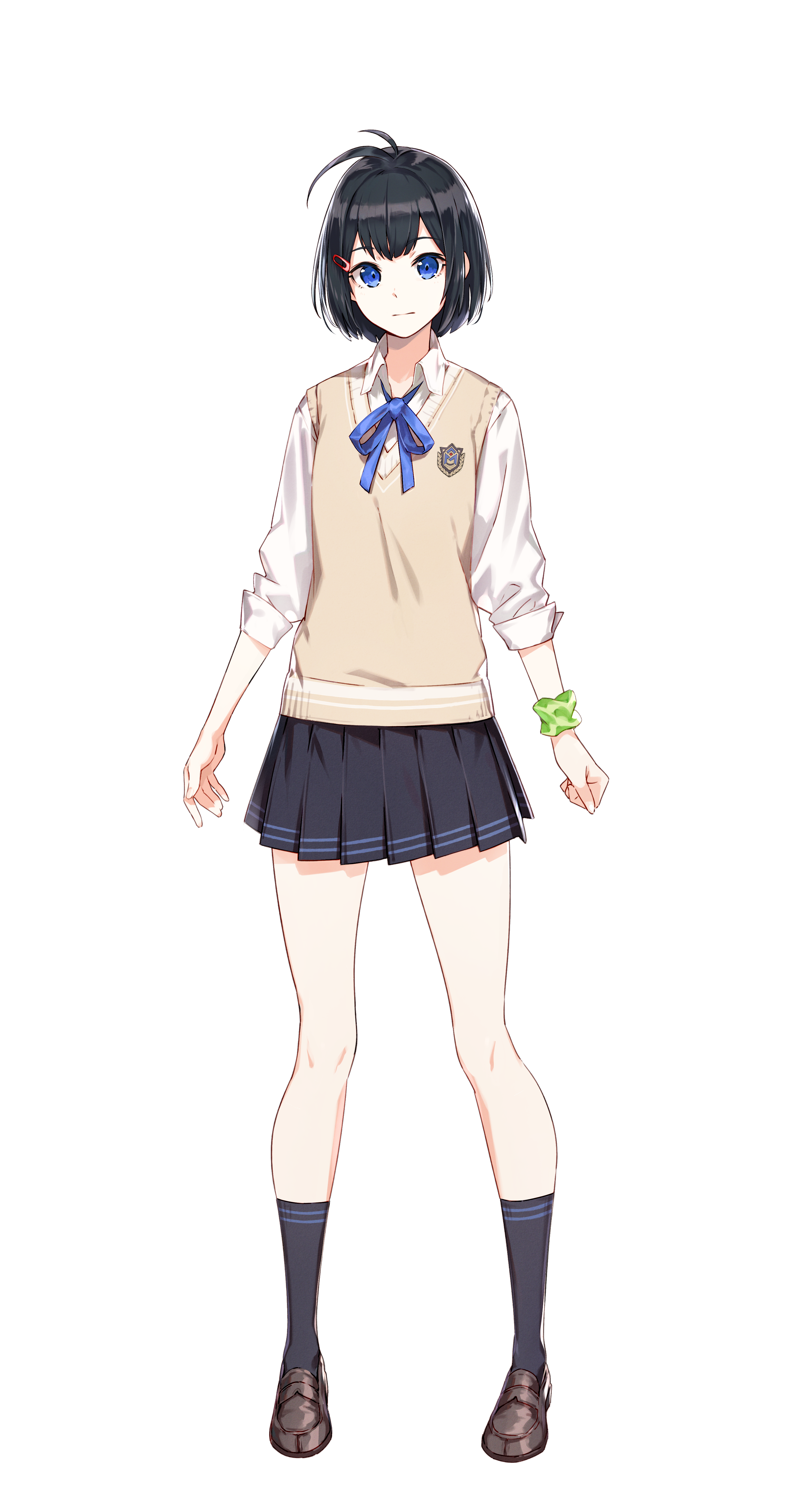 1girl absurdres ahoge ankle_socks antenna_hair black_hair black_skirt black_socks blue_eyes blue_ribbon brown_shoes brown_sweater_vest closed_mouth collared_shirt corpse_party corpse_party_ii_darkness_distortion dress_shirt full_body green_scrunchie hair_ornament hairclip highres loafers looking_at_viewer nanami_haruka_(corpse_party) neck_ribbon official_art pleated_skirt ribbon school_uniform scrunchie shirt shoes short_hair simple_background skirt sleeves_rolled_up socks solo standing sweater_vest tachi-e transparent_background white_shirt wrist_scrunchie