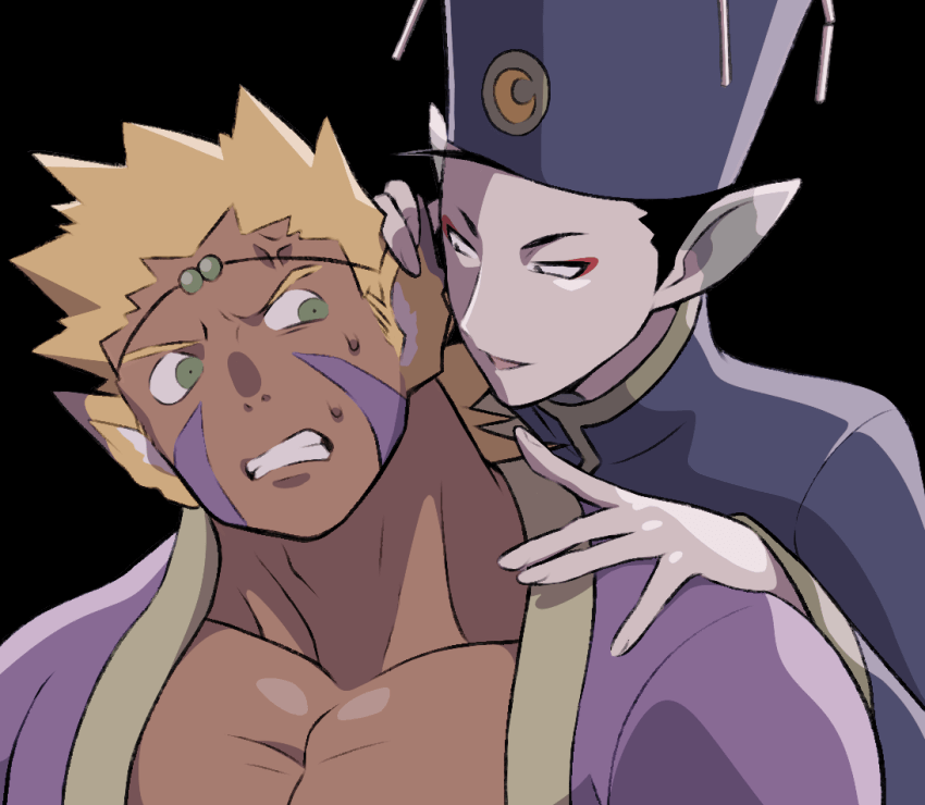 2boys ahoge animal_ears black_hair blonde_hair breath_of_fire breath_of_fire_iv cray_(breath_of_fire) dark-skinned_male dark_skin facial_mark green_eyes hat male_focus minashirazu multiple_boys muscular muscular_male open_mouth short_hair simple_background smile yuna_(breath_of_fire)