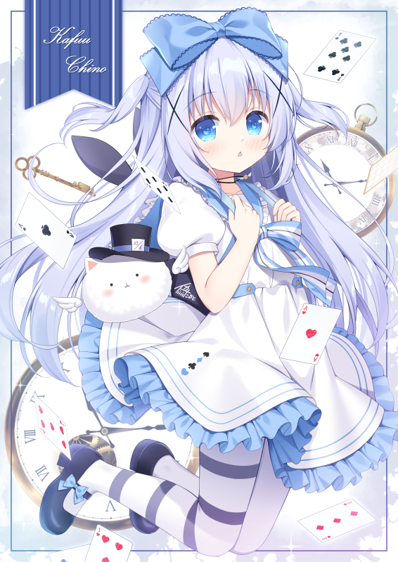 1girl ace_(playing_card) ace_of_clubs ace_of_hearts alice_(alice_in_wonderland) alice_(alice_in_wonderland)_(cosplay) alice&#039;s_adventures_in_wonderland asymmetrical_legwear black_hat blue_eyes blue_hair blue_sailor_collar blue_shoes blush card character_name child clock club_(shape) commentary_request cosplay dress five_of_hearts frilled_dress frills full_body gochuumon_wa_usagi_desu_ka? hair_ornament hat heart ikataruto kafuu_chino long_hair looking_at_viewer mismatched_legwear open_mouth pantyhose playing_card sailor_collar seven_of_clubs shoes short_sleeves striped_clothes striped_pantyhose three_of_diamonds tippy_(gochiusa) top_hat white_background white_dress white_pantyhose x_hair_ornament