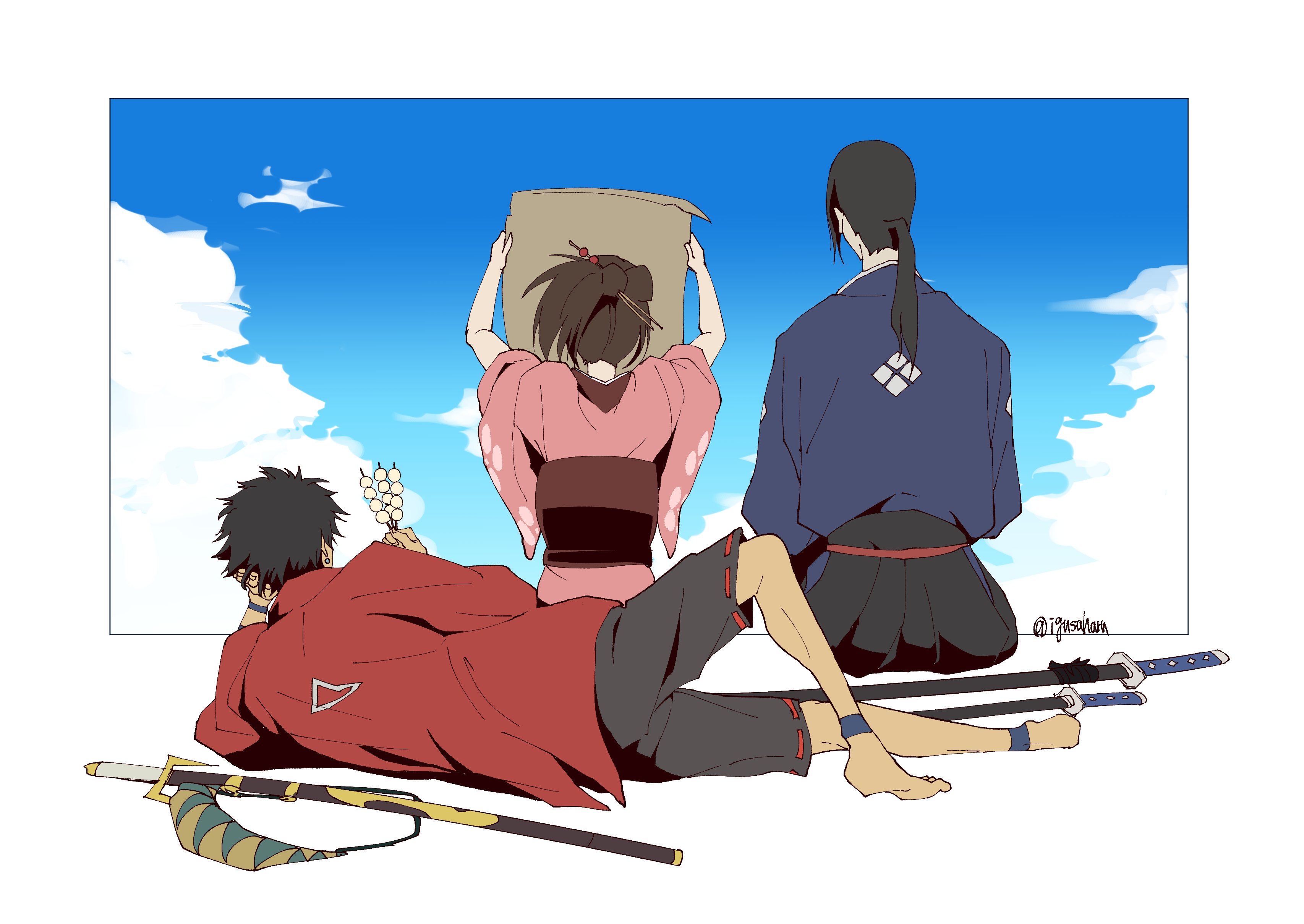 1girl 2boys absurdres ankle_wrap bare_shoulders black_hair black_hakama black_shorts blue_shirt cloud cloudy_sky dango facing_away food full_body fuu_(samurai_champloo) hair_ornament hair_stick hakama head_on_hand highres holding holding_map igusaharu jacket japanese_clothes jinnosuke katana kimono long_hair lying map mugen_(samurai_champloo) multiple_boys on_side pink_kimono ponytail red_jacket samurai_champloo shirt short_hair shorts sitting sky sword twitter_username wagashi weapon wide_sleeves