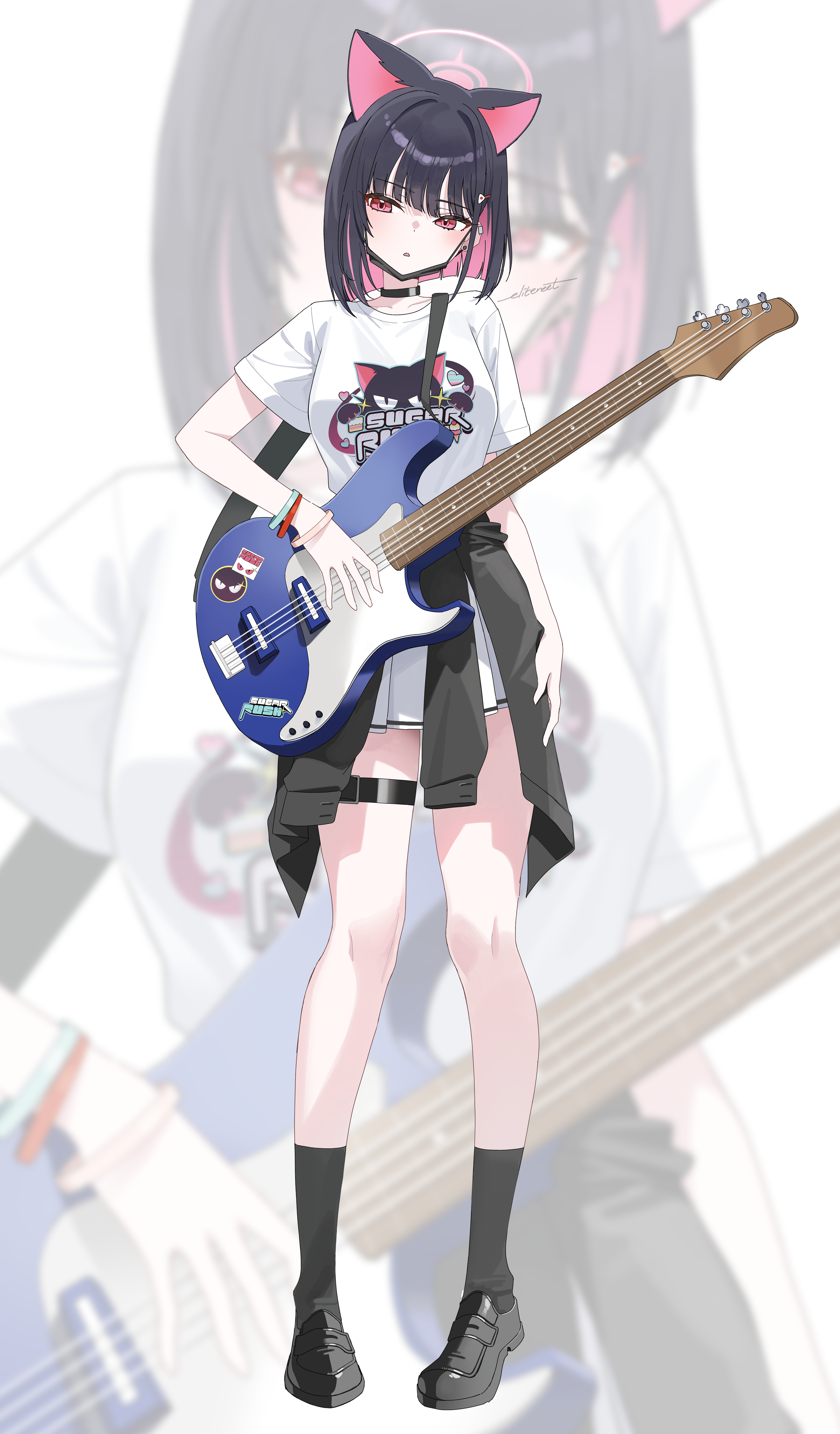 1girl absurdres animal_ears bass_guitar belt black_belt black_hair black_shoes black_socks blue_archive blunt_bangs cat_ears clothes_around_waist colored_inner_animal_ears colored_inner_hair commentary dot_nose bass_guitar eliteneet expressionless extra_ears fender_jazz_bass full_body hair_ornament hairpin halo highres holding holding_bass_guitar holding_instrument instrument jacket jacket_around_waist kazusa_(band)_(blue_archive) kazusa_(blue_archive) kneehighs mask mask_pull medium_hair mouth_mask multicolored_hair open_mouth pink_eyes pink_hair pink_halo pleated_skirt shirt shoes short_sleeves signature skirt socks solo t-shirt thigh_belt thigh_strap two-tone_hair white_shirt white_skirt wristband zoom_layer