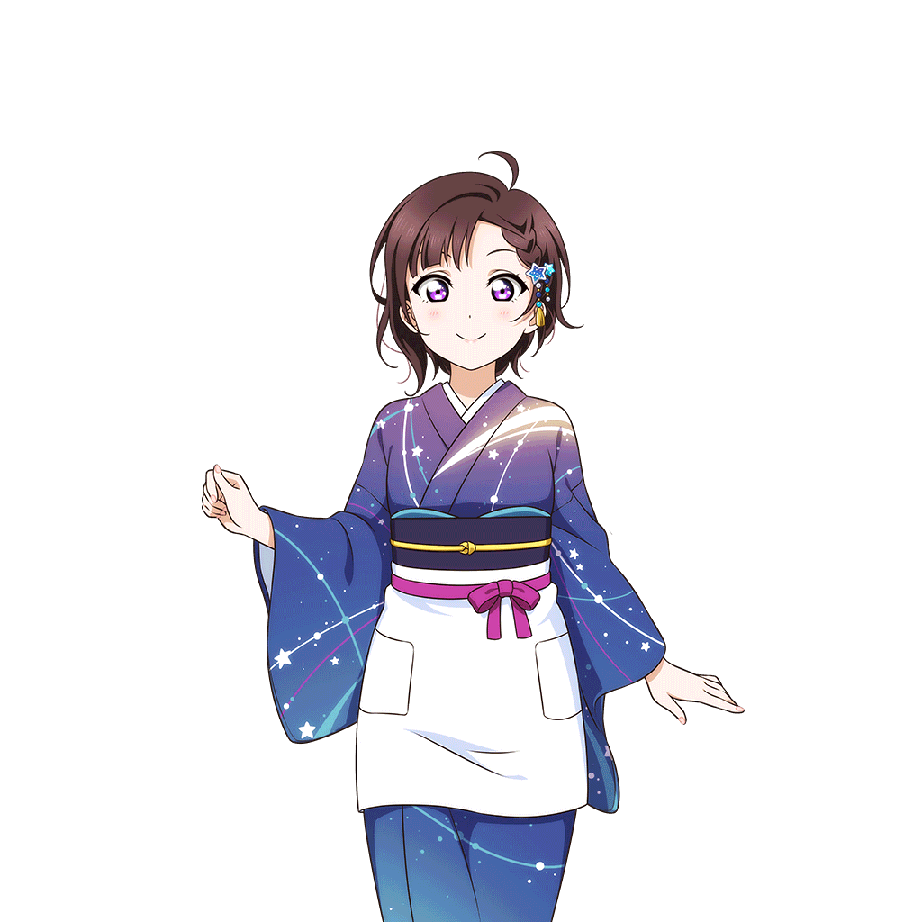 1girl ahoge asymmetrical_bangs blue_kimono blunt_bangs blush bow braid braided_bangs brown_hair closed_mouth cowboy_shot forehead hair_ornament hand_up japanese_clothes kimono looking_at_viewer love_live! love_live!_nijigasaki_high_school_idol_club love_live!_school_idol_festival love_live!_school_idol_festival_all_stars natsukawa_mai obi obijime official_art open_hand print_kimono purple_bow purple_eyes sash short_hair smile solo star_(symbol) star_hair_ornament straight-on transparent_background
