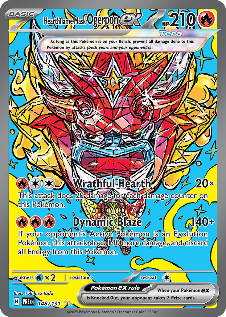 artist_name card_(medium) character_name closed_mouth company_name copyright_name copyright_notice english_text fangs holding holding_mask mask nintendo official_art ogerpon ogerpon_(hearthflame_mask) pokemon pokemon_(creature) pokemon_card pokemon_focus pokemon_tcg smile solo sparkle tada_yukihiro terastallization third-party_source trading_card yellow_eyes
