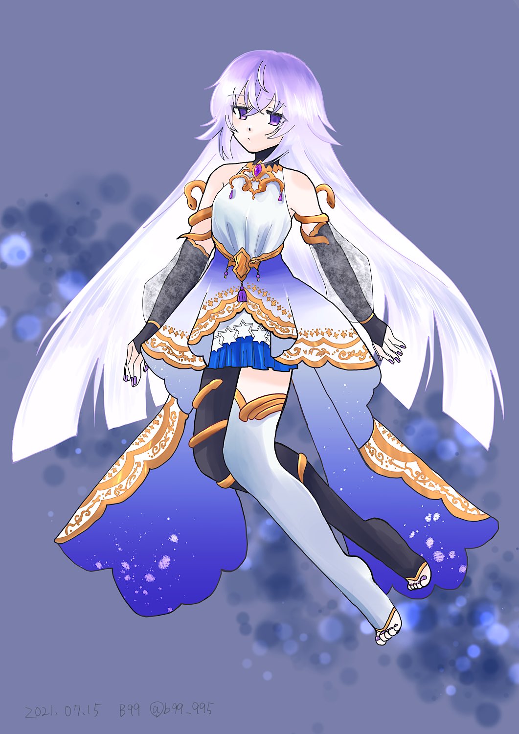 2021 artistic_error b99_995 bad_id bad_twitter_id bare_shoulders barefoot black_bridal_gauntlets black_socks bridal_gauntlets closed_mouth dated dress empty_eyes full_body gradient_clothes gradient_dress grimms_notes highres long_hair magic_mirror_(grimms_notes) purple_hair purple_nails see-through_clothes see-through_sleeves socks twitter_username white_socks
