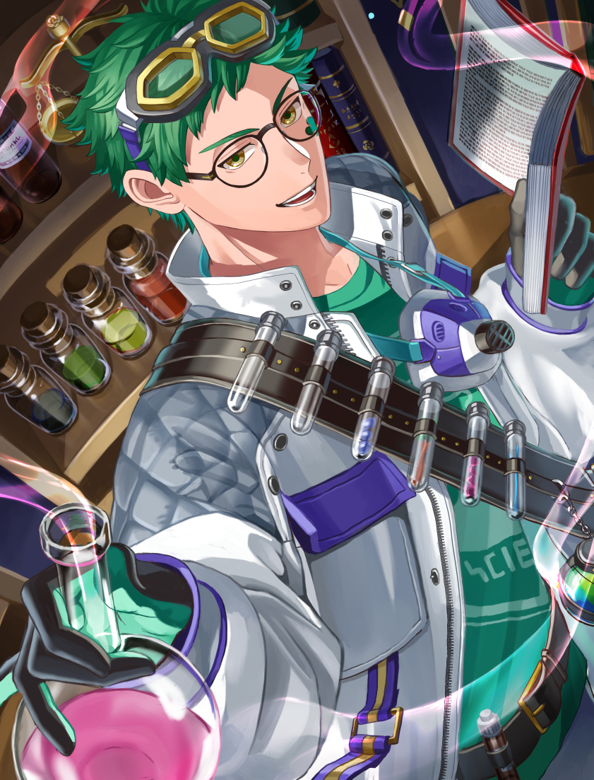 1boy black_gloves book chikuwa_glasses coat commentary_request flask glasses gloves goggles goggles_on_head green_hair green_shirt holding holding_book looking_at_viewer male_focus round-bottom_flask shirt short_hair solo test_tube trey_clover twisted_wonderland white_coat yellow_eyes