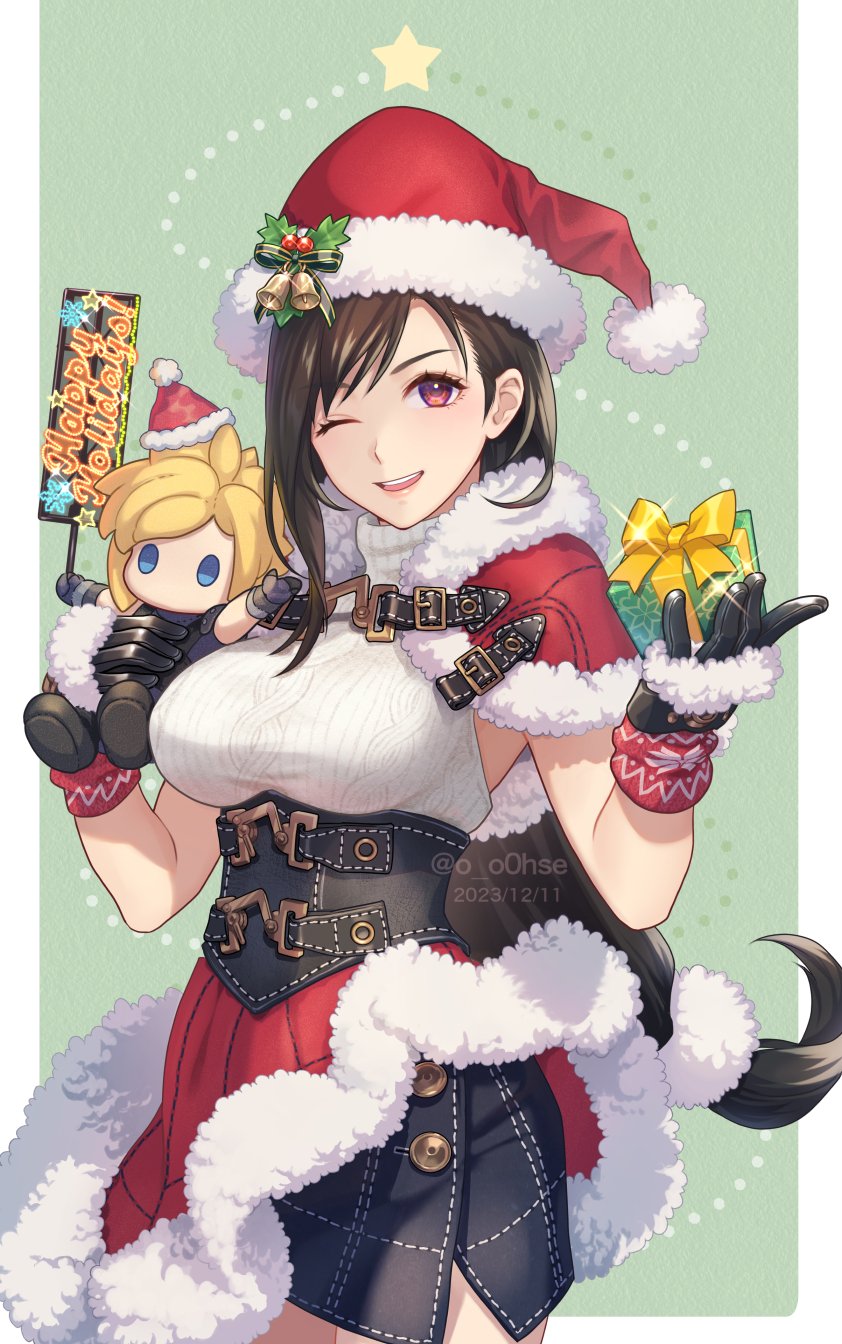 1girl backless_outfit black_gloves black_hair blonde_hair blue_skirt border box breasts capelet character_doll christmas cloud_strife commentary_request cowboy_shot dated doll dress final_fantasy final_fantasy_vii final_fantasy_vii_ever_crisis fur-trimmed_capelet fur-trimmed_gloves fur-trimmed_headwear fur-trimmed_skirt fur_trim gift gift_box gloves hair_ornament hands_up happy_holidays hat hat_ornament highres holding holding_gift holding_stuffed_toy holly_hat_ornament large_breasts long_hair looking_at_viewer low-tied_long_hair miniskirt mistletoe mistletoe_hat_ornament official_alternate_costume ohse one_eye_closed open_mouth outside_border pom_pom_(clothes) pom_pom_hair_ornament red_capelet red_eyes red_hat red_skirt ribbed_sweater santa_costume santa_dress santa_hat single_sidelock skirt sleeveless sleeveless_turtleneck smile solo sparkle square_enix star_(symbol) stuffed_toy sweater swept_bangs teeth tifa_lockhart tifa_lockhart_(fairy_of_the_holy_flame) toy turtleneck turtleneck_sweater twitter_username upper_teeth_only very_long_hair white_border white_sweater