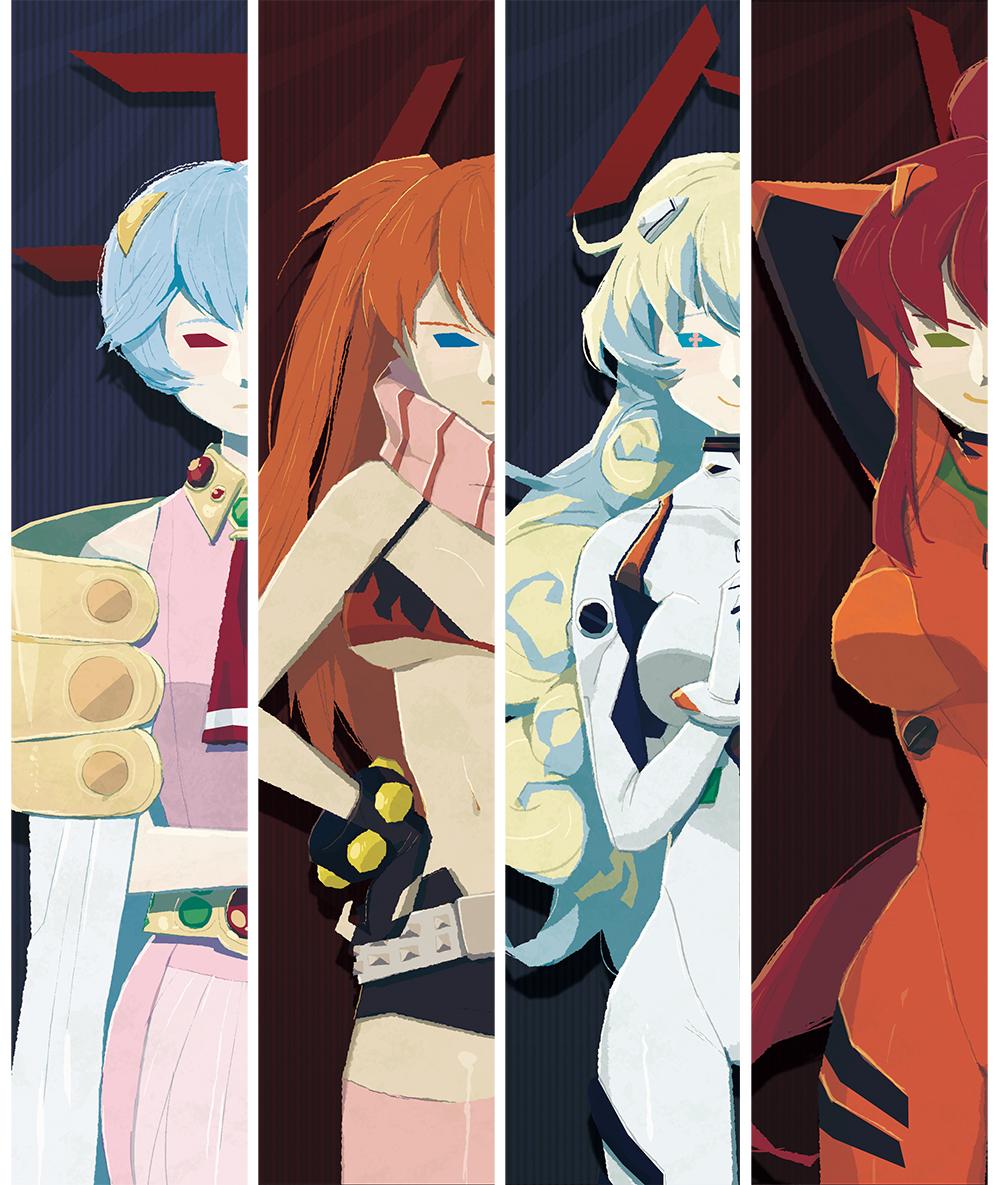 4girls ayanami_rei ayanami_rei_(cosplay) black_gloves blonde_hair blue_eyes blue_hair bodysuit breasts column_lineup commentary_request company_connection cosplay gloves korean_commentary large_breasts multiple_girls neon_genesis_evangelion nia_teppelin nia_teppelin_(cosplay) pink_scarf pink_shirt red_bodysuit red_eyes scarf shirt short_hair souryuu_asuka_langley souryuu_asuka_langley_(cosplay) tamtamdi tengen_toppa_gurren_lagann yoko_littner yoko_littner_(cosplay)