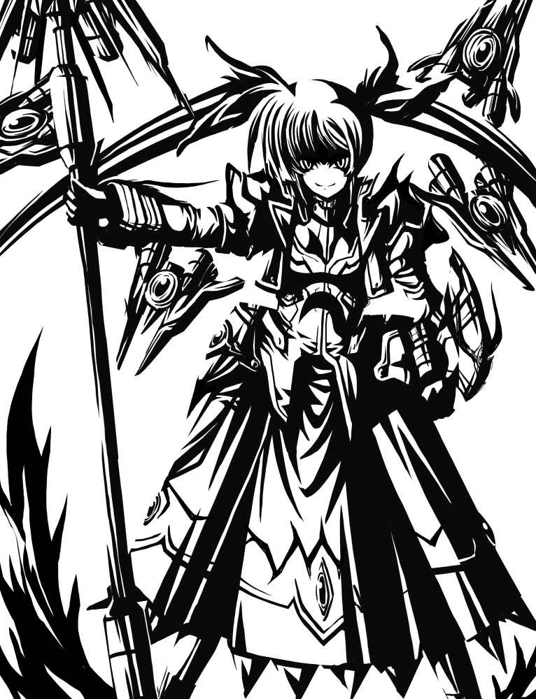 00s 1girl female_focus gao_(artist) gao_(naodayo) greyscale high_contrast long_hair lyrical_nanoha magical_girl mahou_shoujo_lyrical_nanoha mahou_shoujo_lyrical_nanoha_strikers monochrome raising_heart raising_heart_(blaster_bit) raising_heart_(exceed_mode) solo takamachi_nanoha twintails waist_cape white_devil