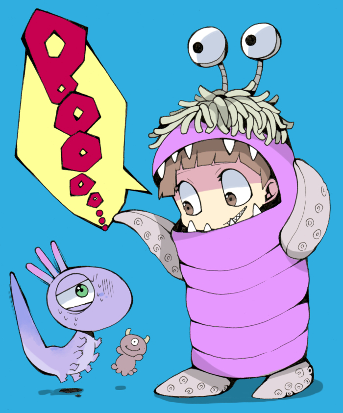 1girl animification blue_background boo_(monsters_inc.) brown_eyes brown_hair child costume creature cyclops doll english_text grin ikuchi_osutega inaga_kawazu lizard monster monsters_inc. one-eyed randall_boggs sharp_teeth simple_background smile teeth tentacles