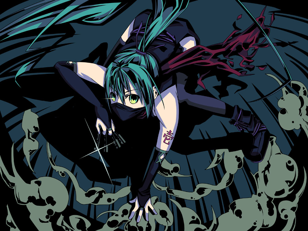 1girl aikagi_gunman_to_aikagi_ninja_(vocaloid) between_fingers boots female_focus fingerless_gloves gloves half_mask hatsune_miku high_contrast holding long_hair mask mouth_mask ninja ninja_mask ponytail scarf shirousagi_una solo thighhighs twintails very_long_hair vocaloid