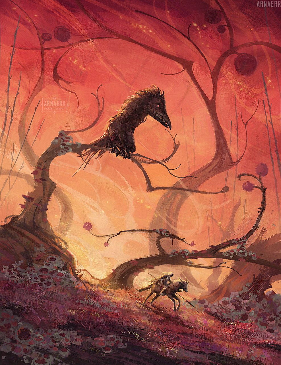 1other animal arnaerr artist_name bird bloody_wolf_(elden_ring) branch commentary crow elden_ring english_commentary giant_crow_(elden_ring) highres holding holding_polearm holding_weapon horns horse horseback_riding in-universe_location monster polearm red_sky riding sky spear tarnished_(elden_ring) torrent_(elden_ring) weapon
