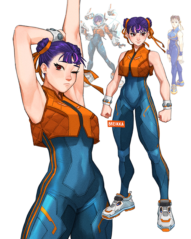 adapted_costume blue_unitard breikka capcom chun-li chun-li_(cosplay) cosplay double_bun hair_bun juno_(overwatch) orange_vest overwatch projected_inset purple_hair red_eyes shoes short_hair street_fighter street_fighter_zero_(series) vest