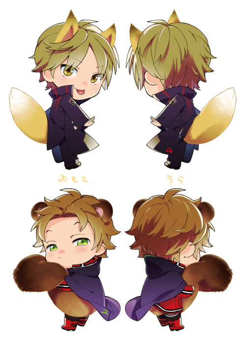10s 2boys :p ahoge animal_ears arms_at_sides black_pants blonde_hair blush boots cape chibi coat fox_ears fox_tail full_body green_eyes high_collar hood hood_down hugging_own_tail hugging_tail izumi_kouhei jacket long_sleeves looking_at_viewer male_focus multiple_boys multiple_views pants parted_bangs red_footwear red_jacket satori_ken simple_background squirrel_ears squirrel_tail standing tail tongue tongue_out uniform white_background world_trigger yellow_eyes zekkyou_(h9s9)