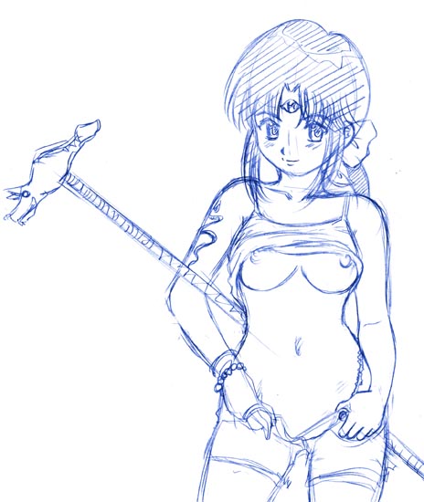 3x3_eyes breasts clothes_lift monochrome parvati ribbon shirt_lift staff third_eye
