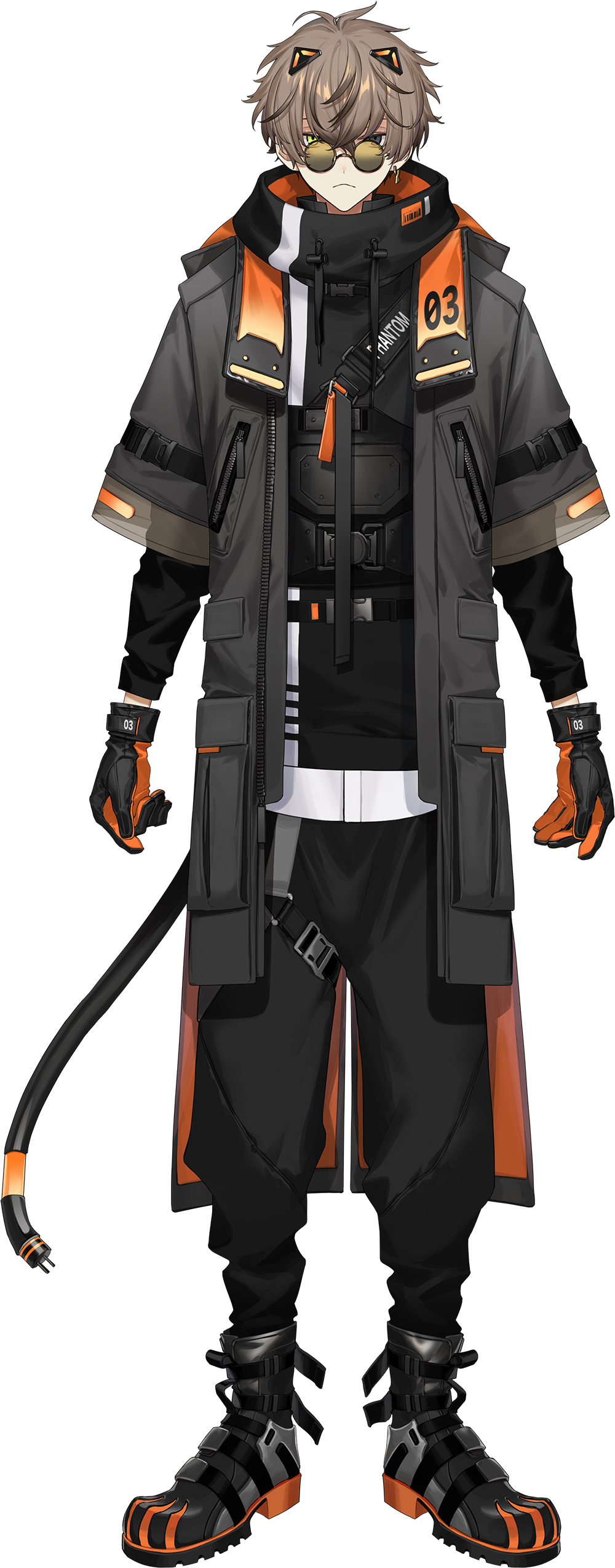 1boy :&lt; absurdres alban_knox alban_knox_(1st_costume) antenna_hair black_boots black_gloves black_hoodie black_pants boots brown-tinted_eyewear brown_hair closed_mouth coat crossed_bangs drawstring earrings electric_plug electric_plug_tail glasses gloves green_eyes grey_coat grey_eyes hair_between_eyes heterochromia highres hood hood_down hoodie itefu jewelry layered_sleeves long_sleeves looking_at_viewer male_focus multicolored_boots nijisanji nijisanji_en official_alternate_costume official_art open_clothes open_coat orange_boots orange_gloves pants round_eyewear short_hair short_over_long_sleeves short_sleeves single_earring solo tail tinted_eyewear transparent_background two-tone_boots two-tone_gloves virtual_youtuber zipper zipper_pull_tab