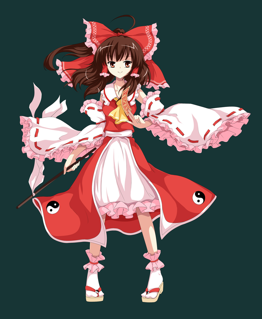 1girl ahoge alphes_(style) ankle_cuffs ascot between_fingers black_background bow breasts brown_eyes brown_hair brown_sandals closed_mouth collarbone detached_sleeves flan_(zhd91) frilled_bow frilled_cuffs frilled_hair_tubes frilled_shirt_collar frills full_body gohei hair_bow hair_tubes hakurei_reimu highres holding holding_gohei large_bow layered_skirt long_sleeves looking_at_viewer medium_breasts medium_hair ofuda ofuda_between_fingers parody print_skirt red_bow red_skirt red_vest ribbon-trimmed_sleeves ribbon_trim sandals simple_background skirt smile socks solo standing style_parody tabi tachi-e touhou vest white_skirt white_sleeves white_socks wide_sleeves yellow_ascot yin_yang yin_yang_print