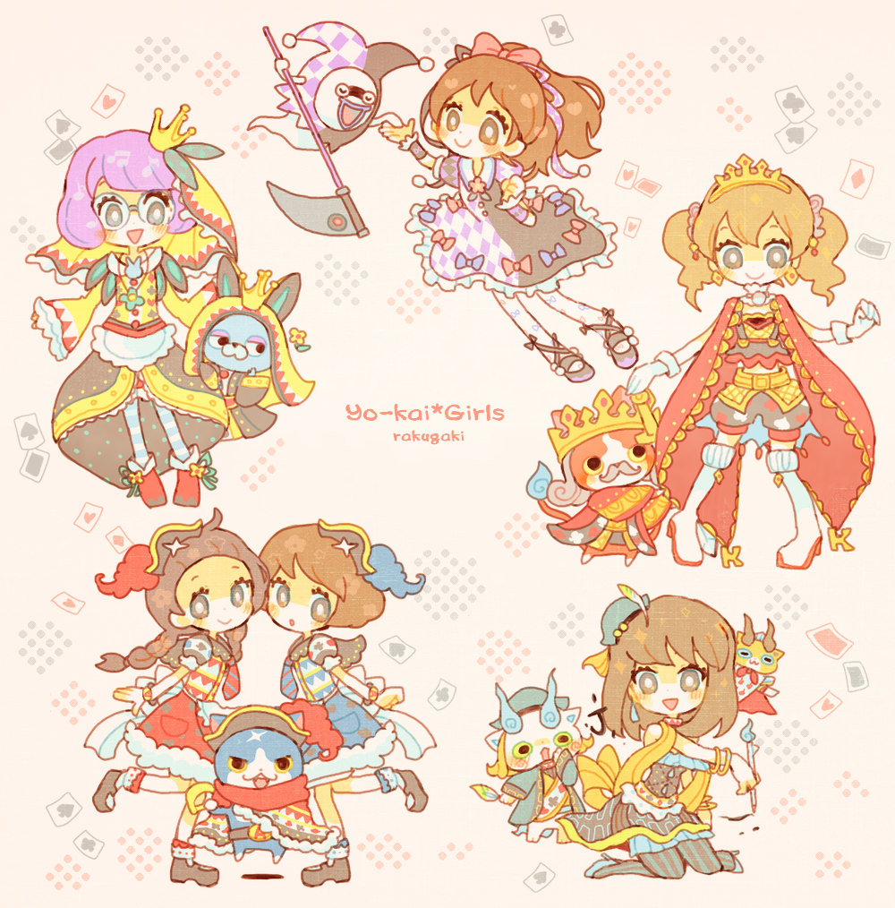 10s 6+girls amano_yukiko_(youkai_watch) bangle blue_lips blush bracelet brown_hair card cat closed_eyes crown dress emi-chan facial_hair fuyunyan fuyunyan_ace ghost hat high_heels high_ponytail jester_cap jewelry jibanyan jibanyan_k kappa44 kappaman kodama_fumika kodama_mariko koi_to_poem_to_coffee_to komajirou komajuurou komasan komasan_j lips long_hair long_sleeves mangaka_(youkai_watch) misora_inaho multiple_girls multiple_tails mustache open_mouth pantyhose pigeon-toed playing_card ponytail scar scythe short_sleeves smile striped_clothes striped_legwear striped_pantyhose sword tail traditional_youkai twintails two_tails usapyon usapyon_q vertical-striped_clothes vertical-striped_legwear vertical-striped_pantyhose weapon whisbaba whisper_(youkai_watch) youkai_watch youkai_watch_3