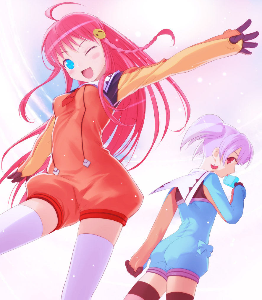 +_+ 00s 2girls ;d blue_eyes blush braid chiko cross-shaped_pupils earrings food jewelry licking long_hair multiple_girls nono_(top_wo_nerae_2!) one_eye_closed open_mouth pink_hair popsicle purple_hair red_eyes romper sailor_collar smile symbol-shaped_pupils thighhighs thumb_hole tongue top_wo_nerae!_(series) top_wo_nerae_2! twintails tycho_science uni_(plastic_girl) zettai_ryouiki
