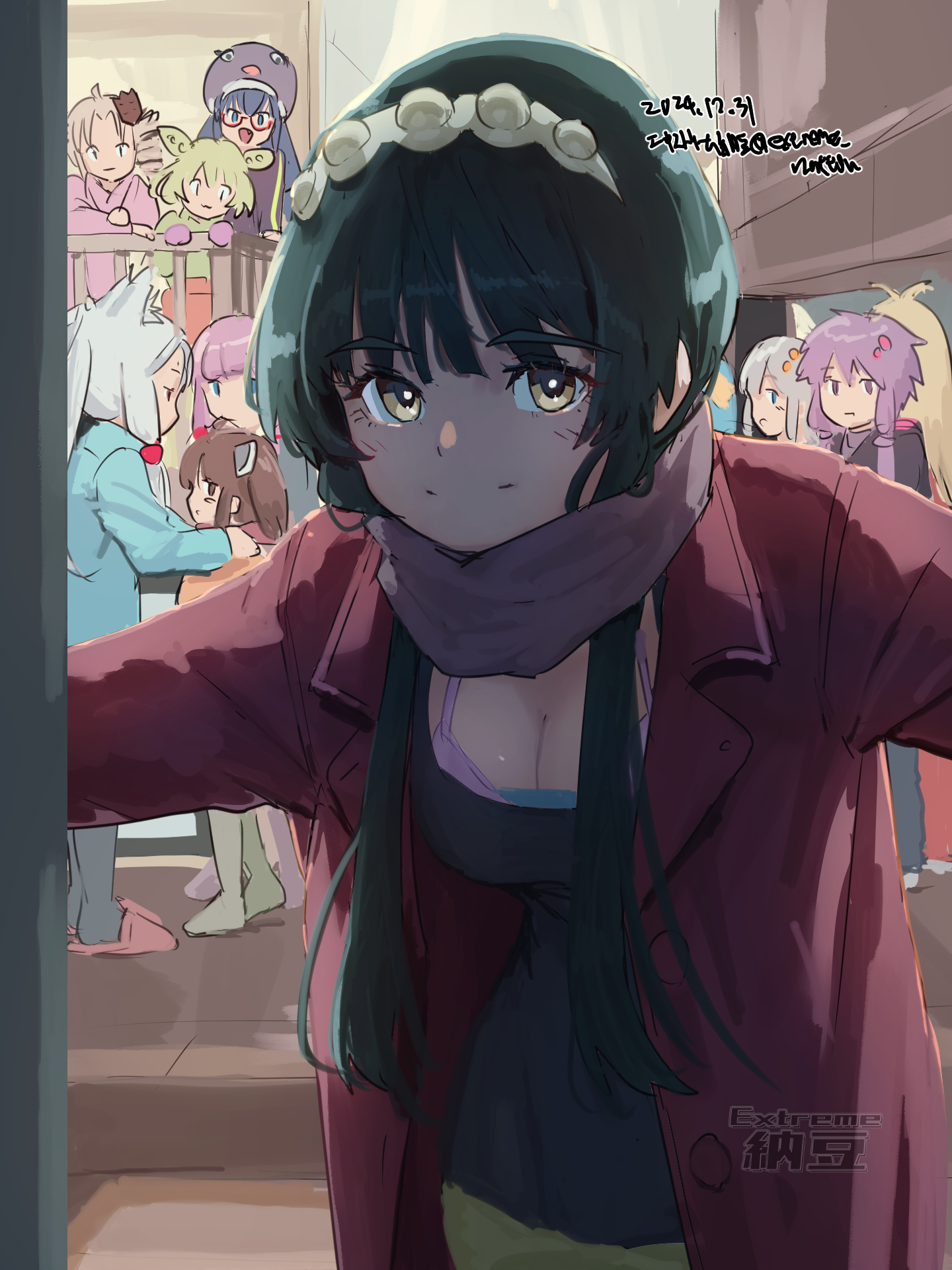 6+girls alternate_costume black_shirt bra bra_peek breasts casual cleavage coat commentary_request extreme_nattou green_hair green_hairband hairband happy highres kizuna_akari kotonoha_aoi large_breasts long_hair long_sleeves looking_at_viewer multiple_girls opening_door pajamas red_coat scarf shikoku_metan shirt smile solo_focus touhoku_itako touhoku_kiritan touhoku_zunko tsuina-chan tsurumaki_maki underwear vocaloid voiceroid yellow_eyes yuzuki_yukari