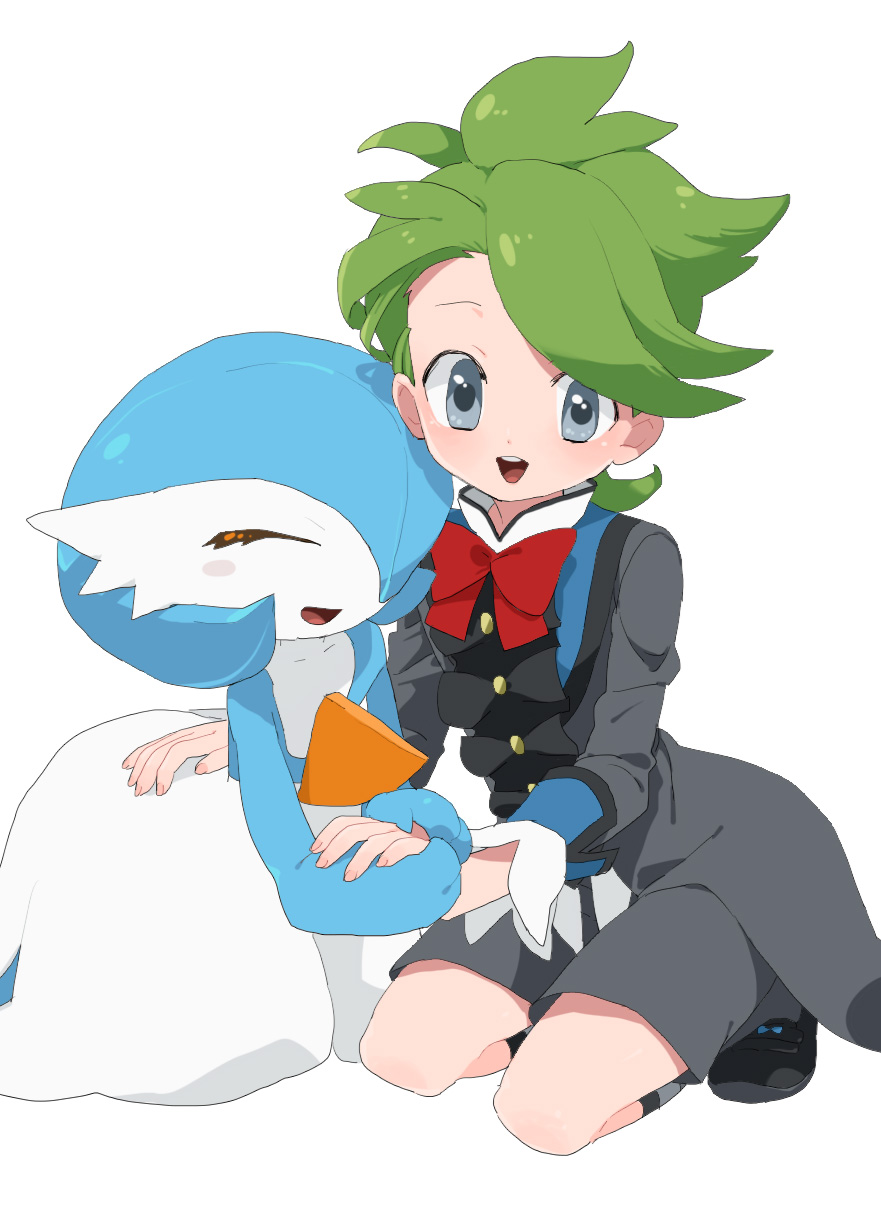 1boy :d alternate_color black_footwear bow bowtie commentary_request gardevoir gen_3_pokemon green_hair grey_eyes grey_jacket grey_shorts happy highres jacket kneeling long_sleeves looking_at_viewer male_focus miyawaki nintendo official_alternate_costume open_mouth pokemon pokemon_(creature) pokemon_masters_ex red_bow red_bowtie shiny_pokemon shirt shoes short_hair shorts smile swept_bangs tailcoat teeth tongue upper_teeth_only wally_(pokemon) wally_(sygna_suit)_(pokemon) white_background white_shirt