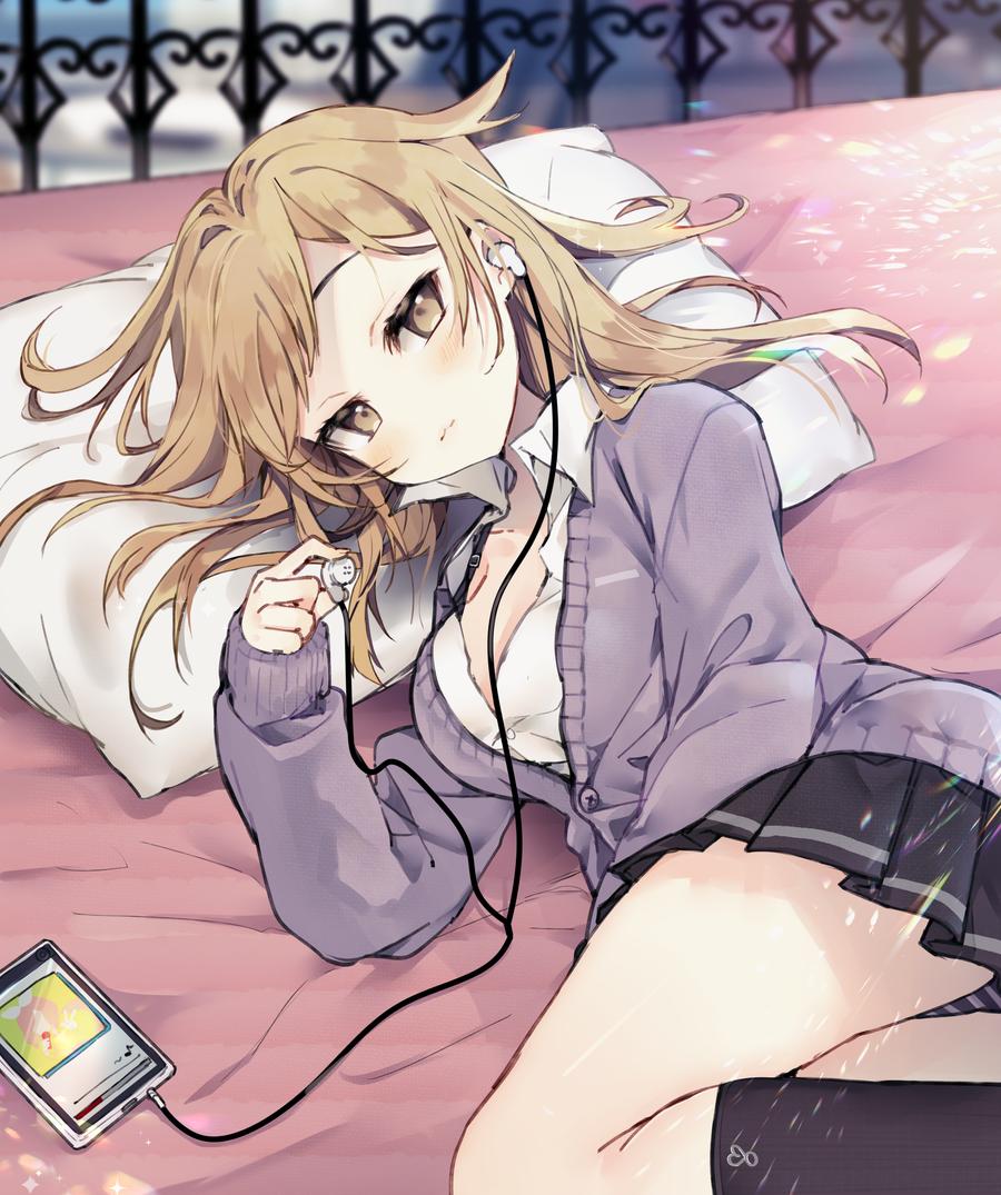 1girl bed_sheet black_panties black_skirt black_socks blonde_hair blurry blurry_background blush breasts cleavage commentary_request digital_media_player earbuds earphones holding holding_earphones kawaii_rowa kneehighs large_breasts lavender_jacket long_hair long_sleeves looking_at_viewer lying miniskirt on_bed on_side original panties pillow pleated pleated_skirt print_underwear shirt skirt socks solo spread_legs striped_clothes striped_panties sunlight underwear white_shirt wing_collar yellow_eyes