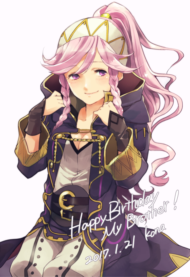 1girl coat cosplay dated english_text female_focus female_robin_(fire_emblem) fingerless_gloves fire_emblem fire_emblem_awakening gloves hairband happy_birthday hood kona_(silent913) long_hair looking_at_viewer male_robin_(fire_emblem) male_robin_(fire_emblem)_(cosplay) nintendo olivia_(fire_emblem) pink_hair ponytail purple_eyes smile solo
