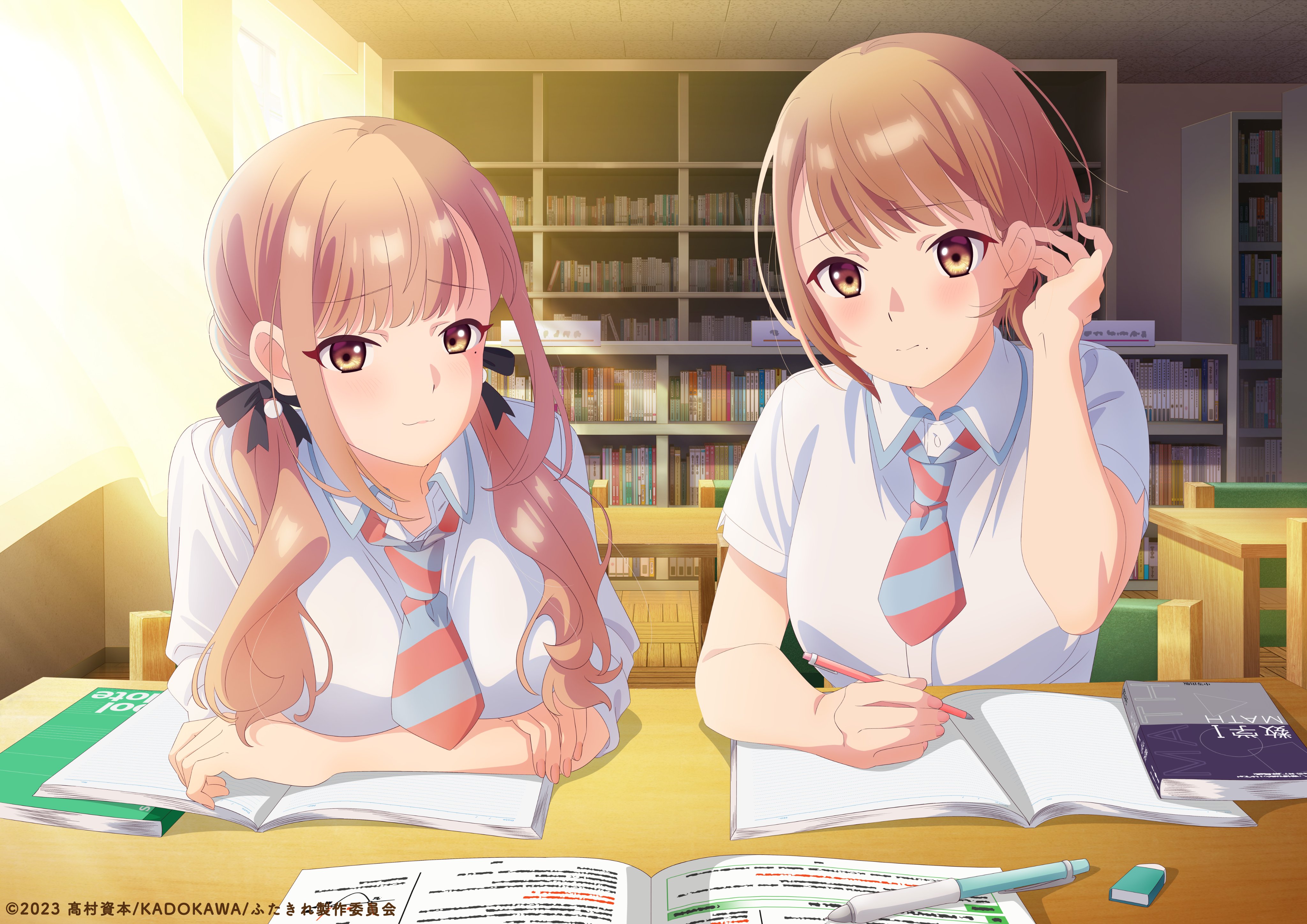 2girls absurdres blush brown_eyes brown_hair highres jinguuji_naori jinguuji_rumi key_visual koi_wa_futago_de_warikirenai long_hair looking_at_viewer mole multiple_girls official_art promotional_art school_uniform shirt short_hair twintails white_shirt