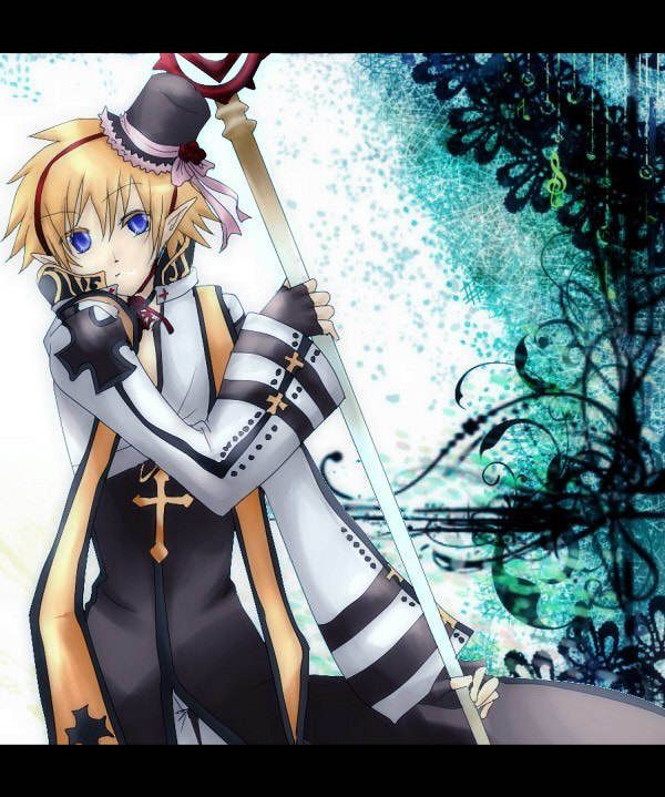 1boy arch_bishop_(ragnarok_online) black_choker black_coat black_gloves blonde_hair blue_background blue_eyes choker closed_mouth coat commentary_request cowboy_shot cropped_jacket crosier cross cross_choker cross_of_prontera expressionless fingerless_gloves gloves hat holding holding_staff jacket letterboxed long_sleeves looking_at_viewer male_focus mini_hat mini_top_hat pointy_ears ragnarok_online sanzan_(re_m) short_hair solo staff top_hat white_jacket