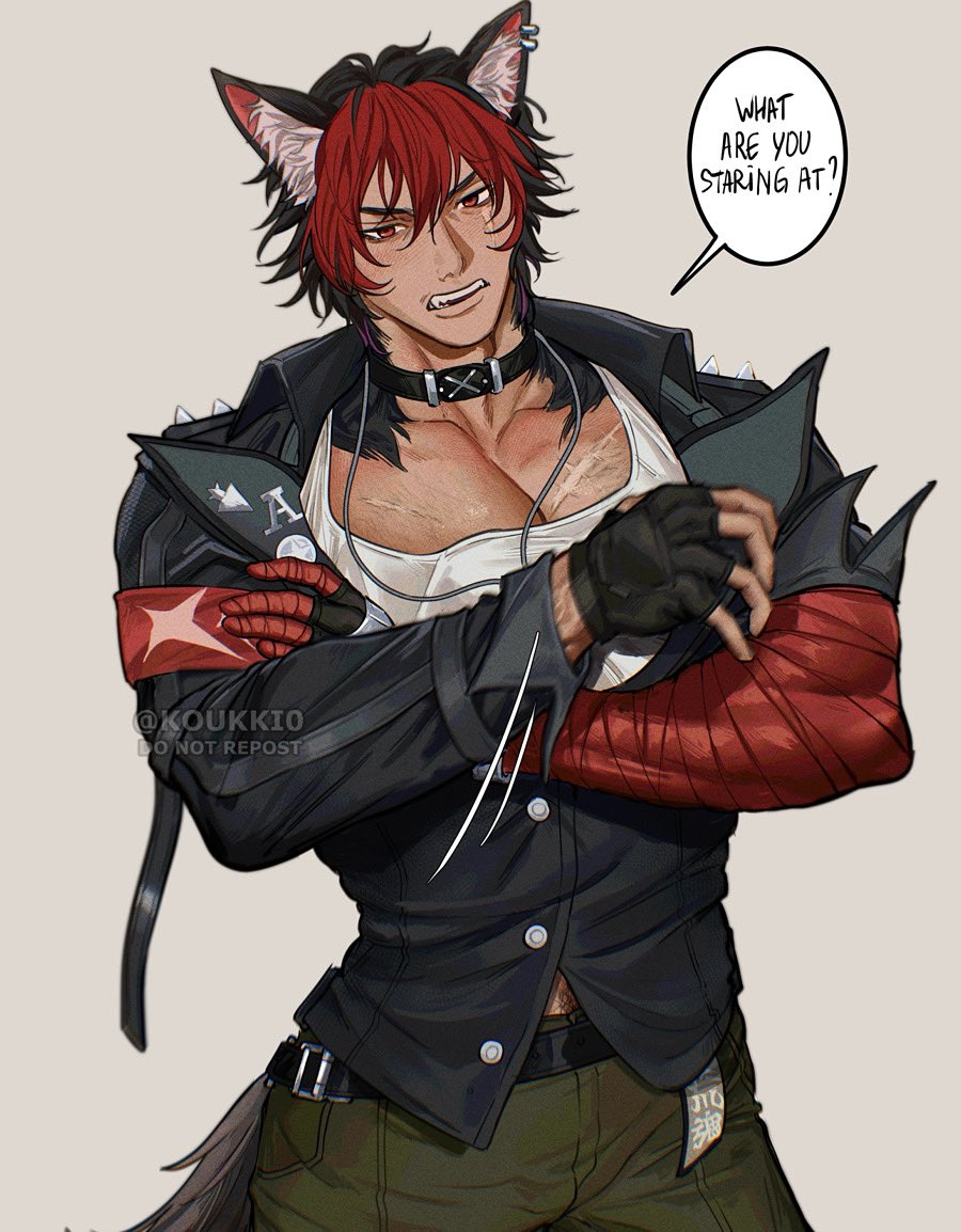 1boy animal_ears bandaged_arm bandages black_choker black_jacket blush cargo_pants choker dog_boy ear_piercing fingerless_gloves gloves jacket jewelry komano_manato large_pectorals male_focus multicolored_hair multiple_scars muscular muscular_male necklace pants pectorals piercing red_eyes scar scar_across_eye scar_on_face shirt short_hair solo speech_bubble tail white_shirt yukaero4 zenless_zone_zero